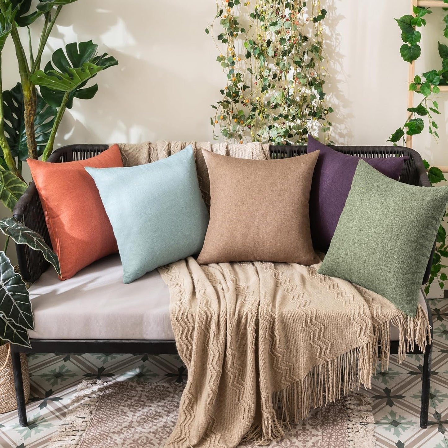 MIULEE Decorative Outdoor Throw Pillow Covers - Waterproof Faux Linen Cushion Cases | 18x18 Inch Gray Green (Pack of 2)