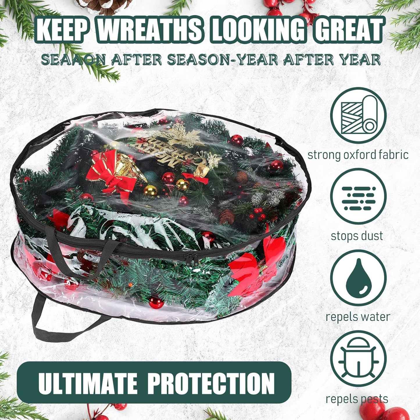 Shappy Christmas Wreath Storage Bag - 24 Inch Clear Container with Dual Zippers & Reinforced Handles | Black