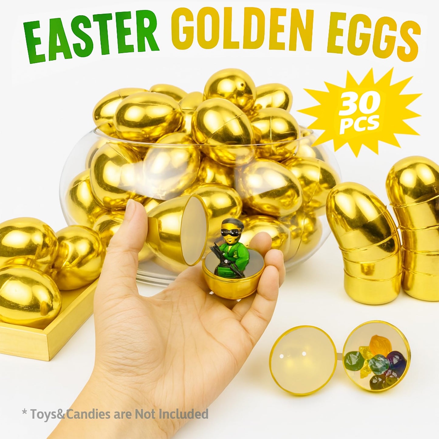 Celmuron Golden Easter Eggs 30 Pack, 2.36'' Fillable Plastic Eggs for Easter Egg Hunt, Basket Stuffers, Party Favors & Holiday Decorations