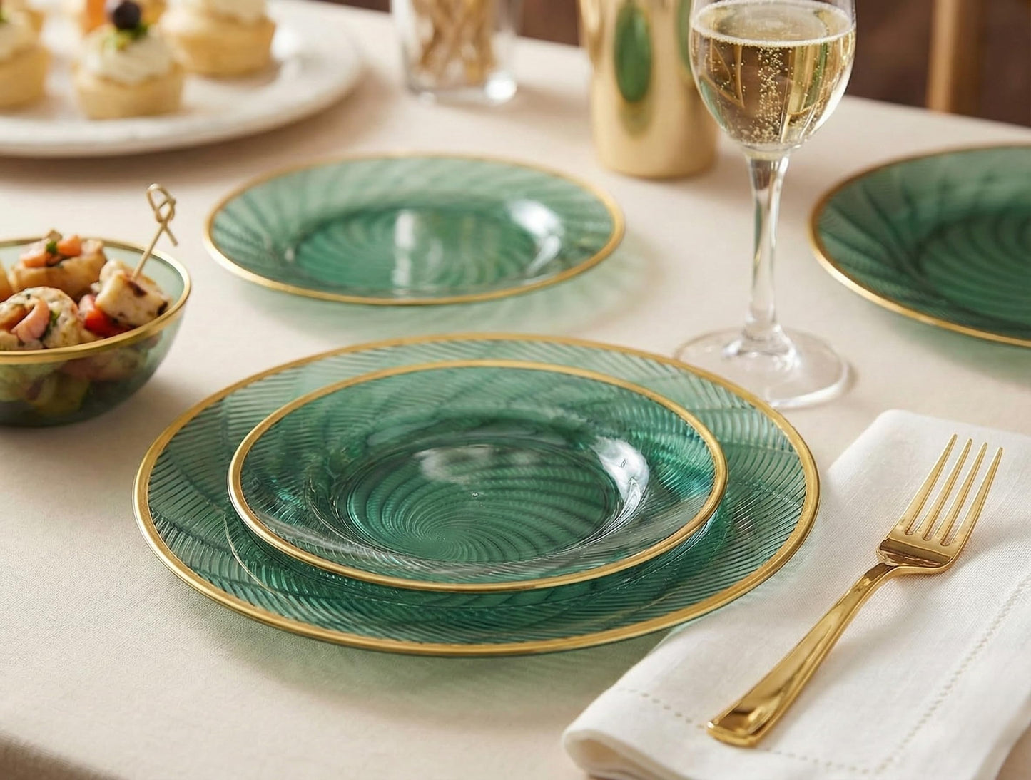 Lillian Tablesettings 32-Piece Tinted Green Plastic Plates Set, 16×10" Dinner & 16×7" Salad Plates, Heavyweight Disposable Plates with Gold Rim, Elegant Swirl Design Dinnerware