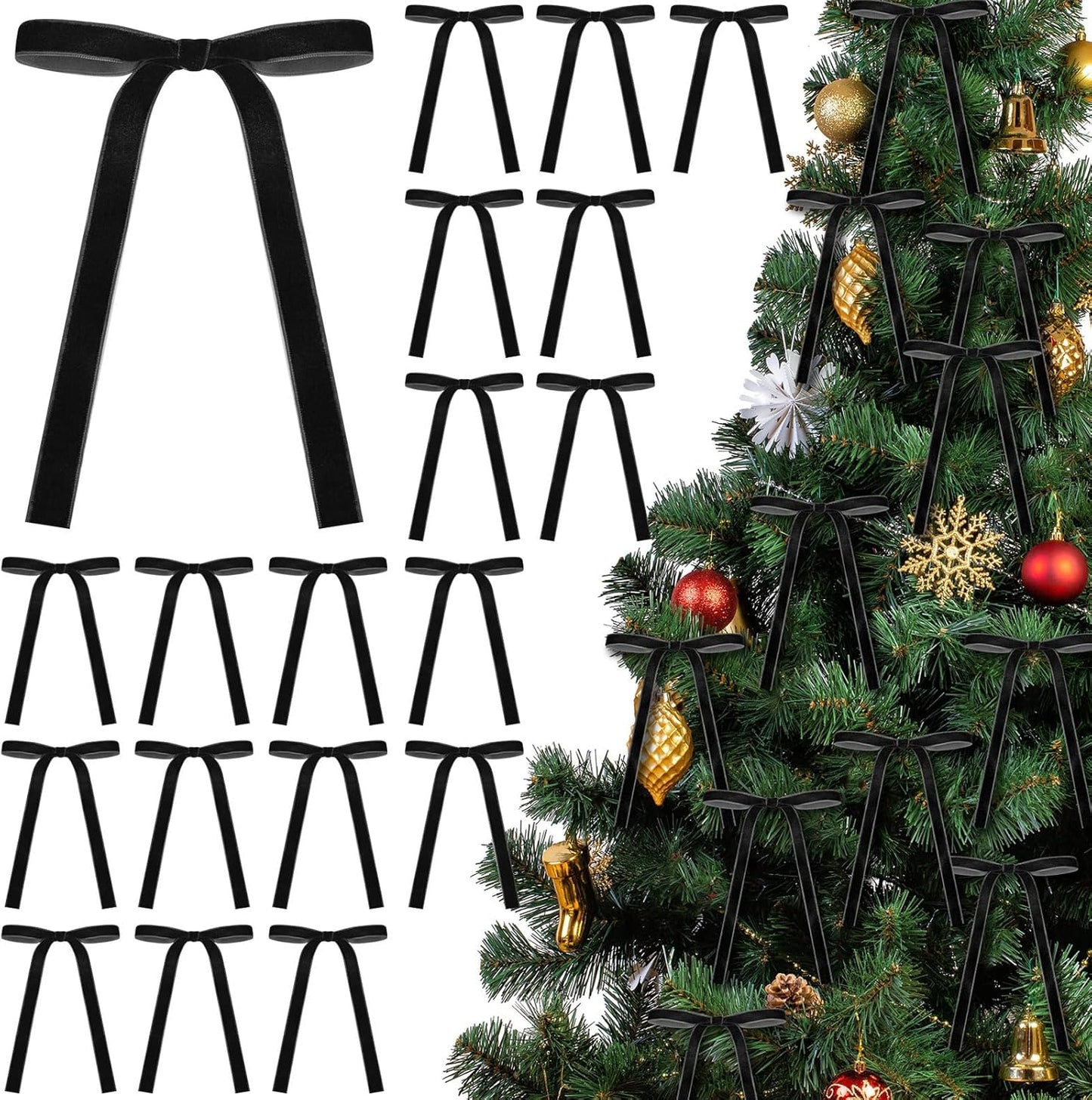 Skiennix 24 Pcs Velvet Bows - Vintage Ribbon Bows for Christmas Tree & Crafts | 5 x 7 Inch, Black