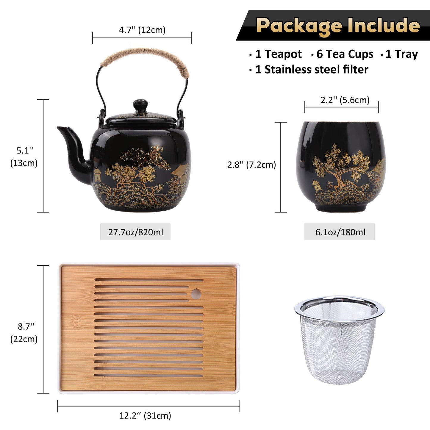 Dujust Japanese Tea Set, Black Porcelain Tea Set with 1 Teapot Set, 6 Tea Cups, 1 Tea Tray, 1 Stainless Infuser, Beautiful Asian Tea Sets for Adults, Tea Lover/Women/Men (Countryside in Golden)
