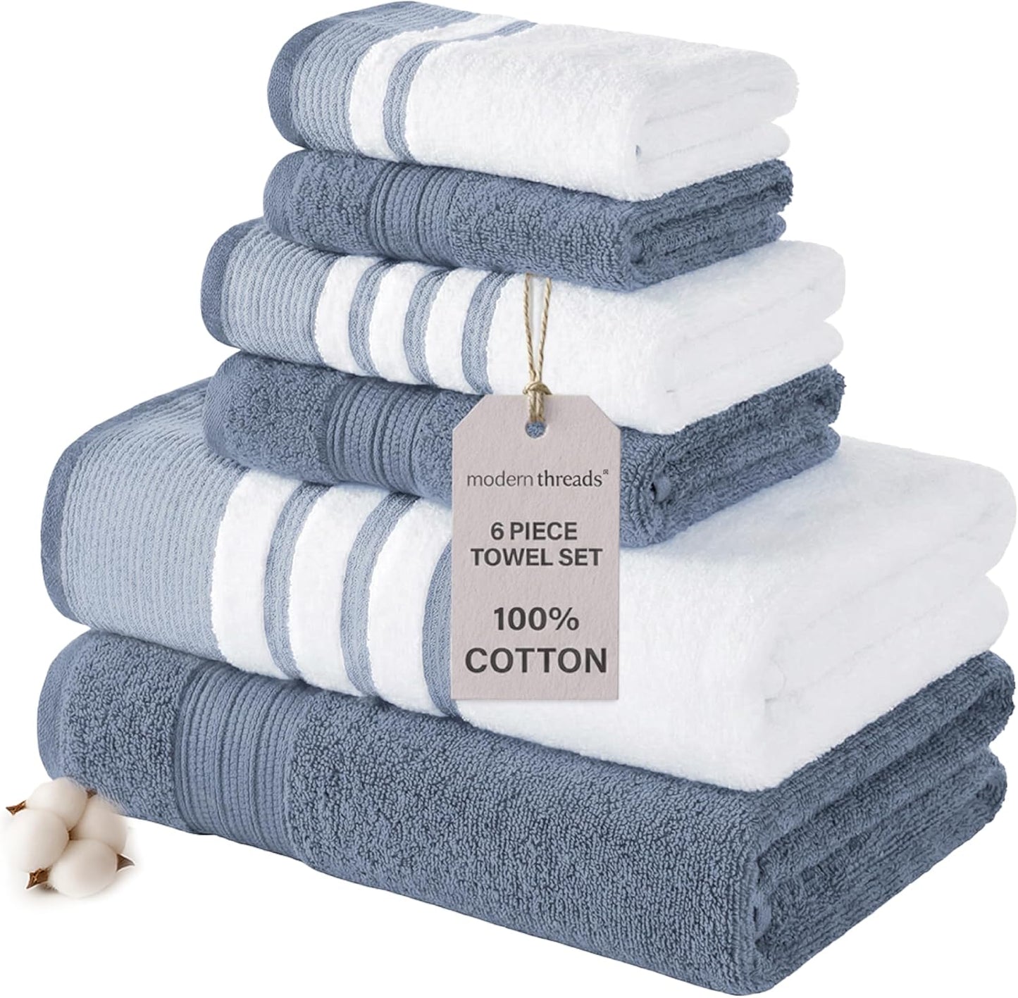 Modern Threads 6-Piece Towel Set - 100% Cotton, Quick Dry & Ultra Absorbent - 2 Bath, 2 Hand, 2 Washcloths (White/Reinhart Blue)