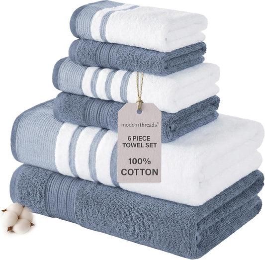 Modern Threads 6-Piece Towel Set - 100% Cotton, Quick Dry & Ultra Absorbent - 2 Bath, 2 Hand, 2 Washcloths (White/Reinhart Blue)