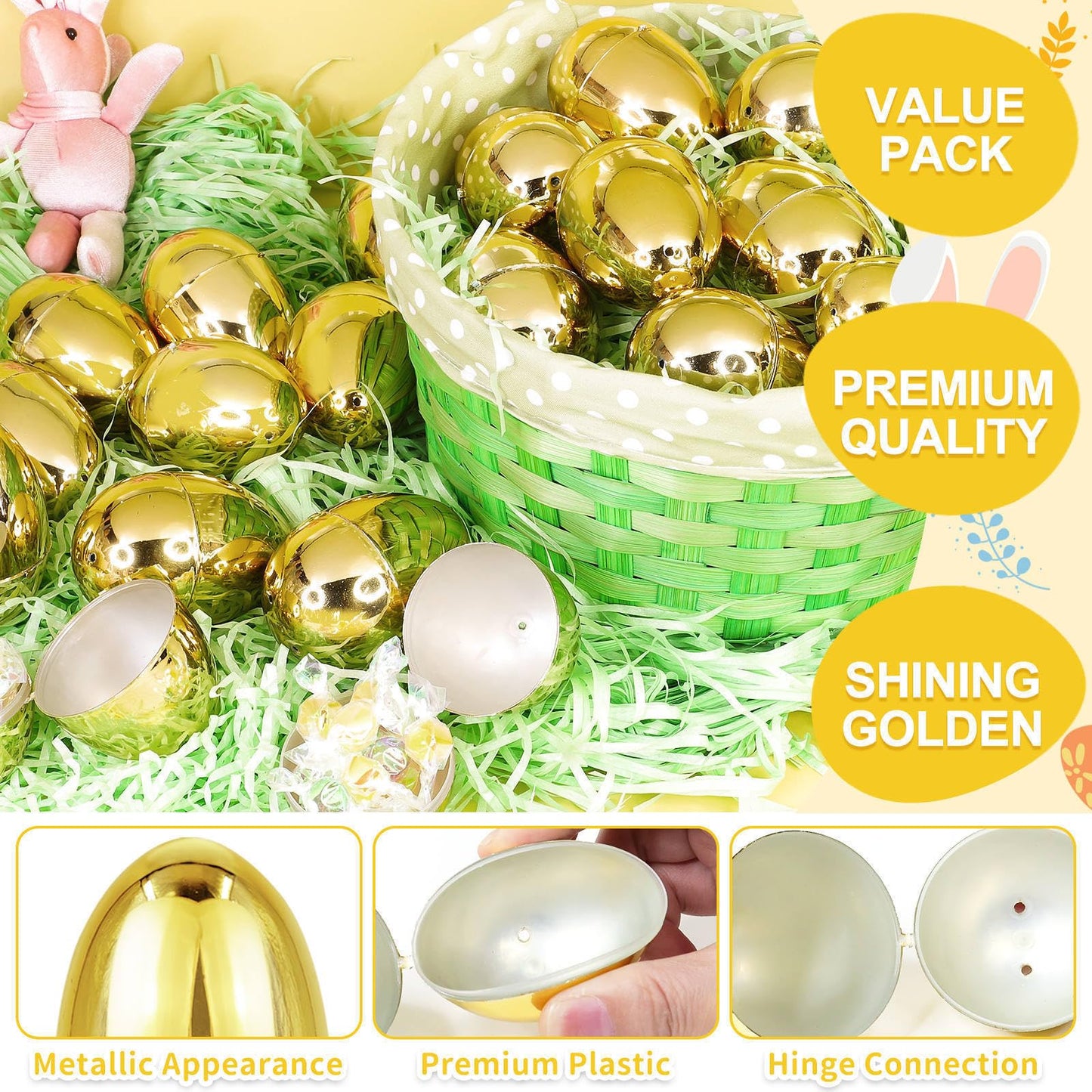 12 Pack 3.15" Large Golden Easter Eggs Empty, Shiny Metallic Plastic Easter Eggs Fillable Surprise Gold Eggs for Easter Basket Stuffers Fillers Easter eggs Hunt Party Favor Classroom Prizes Supplies