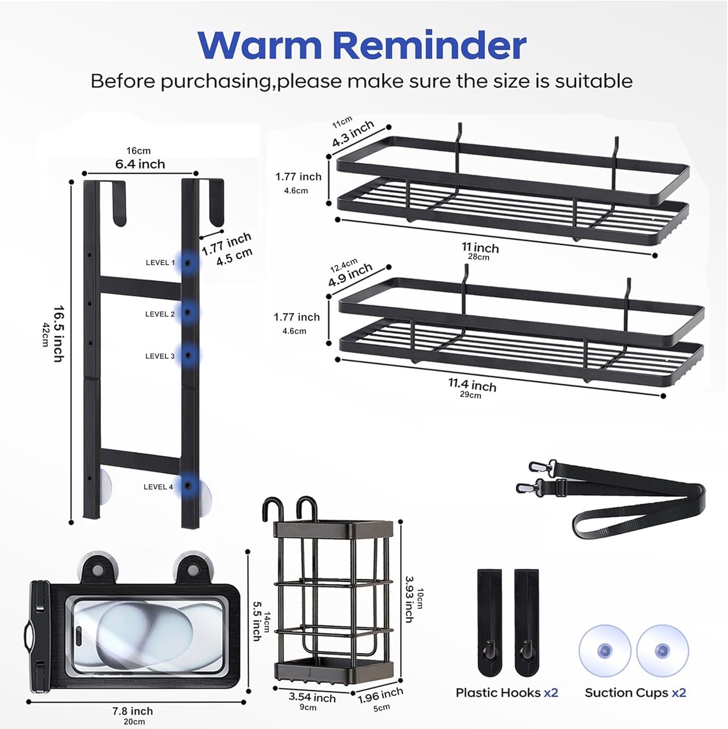Skiennix Over The Door Shower Caddy - Rustproof 2-Tier Organizer with Waterproof Phone Pouch | Black