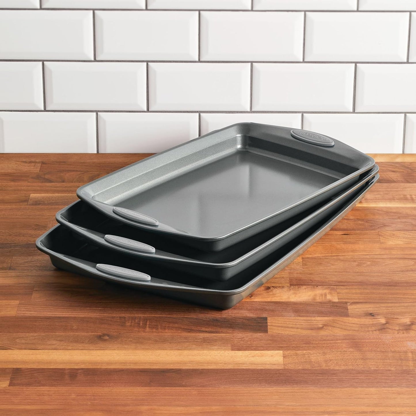 Rachael Ray Nonstick Bakeware Set - 3 Piece Cookie Sheets with Grips in Gray & Sea Salt Gray