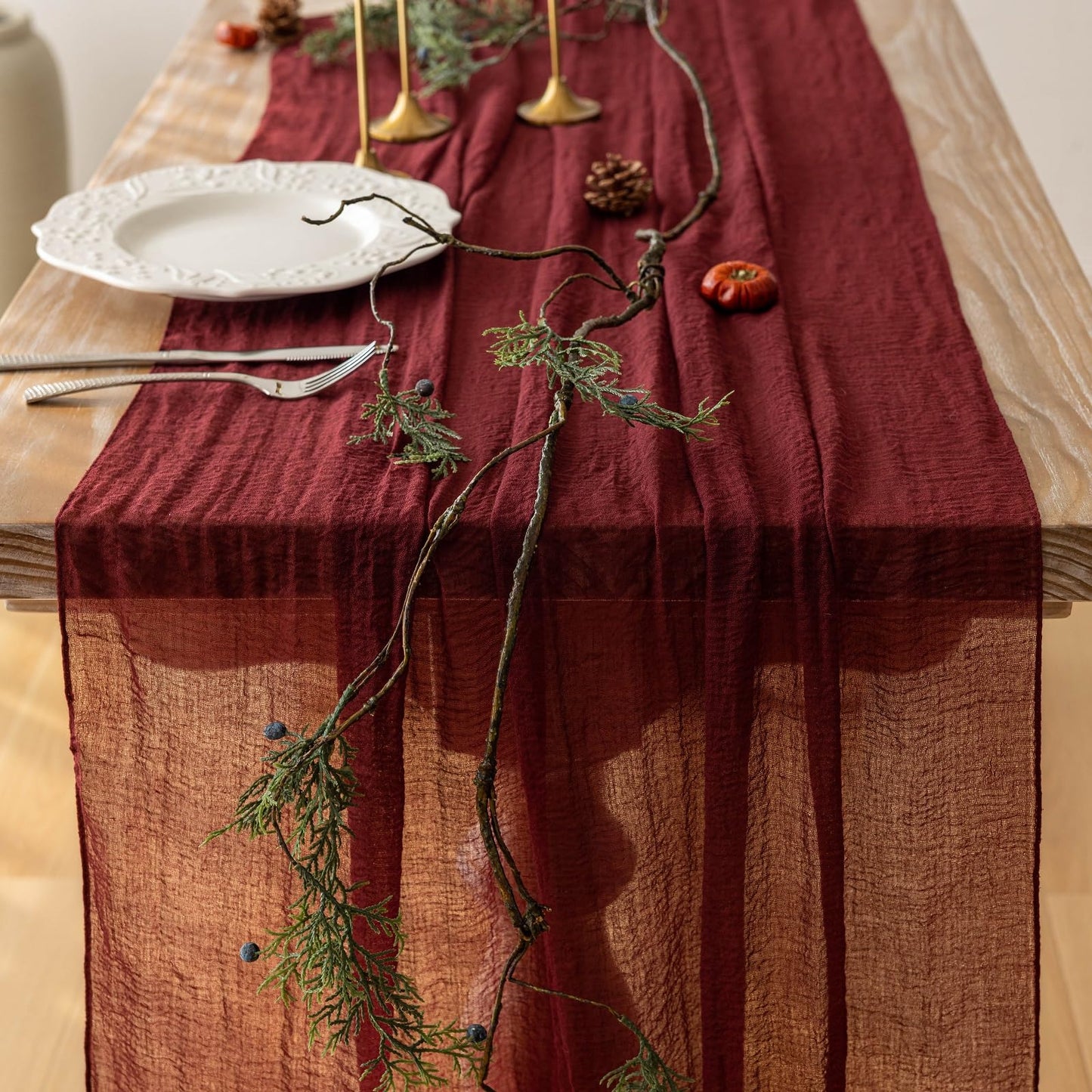 Keketoarrange Burgundy Table Runner Red Table Runner Cheesecloth Gauze 120 Inch 10 FT Rustic Boho Cheese Cloth Runner for Wedding Baby Bridal Shower Party Long Sheer Spring Home Decorations