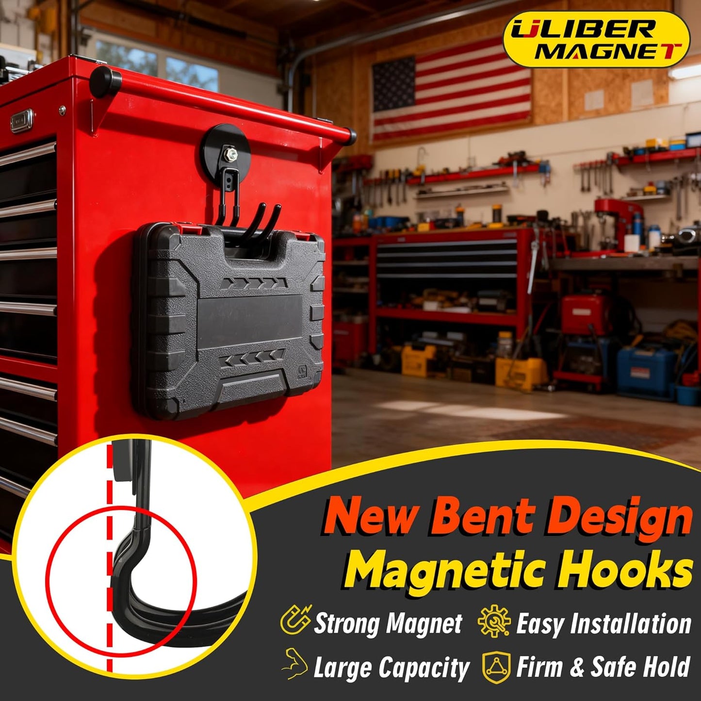ULIBERMAGNET Extra Large Magnetic Hooks - Heavy Duty 2 Pack for Garage, RV & Tool Shed (Black, 3.46 Inch)