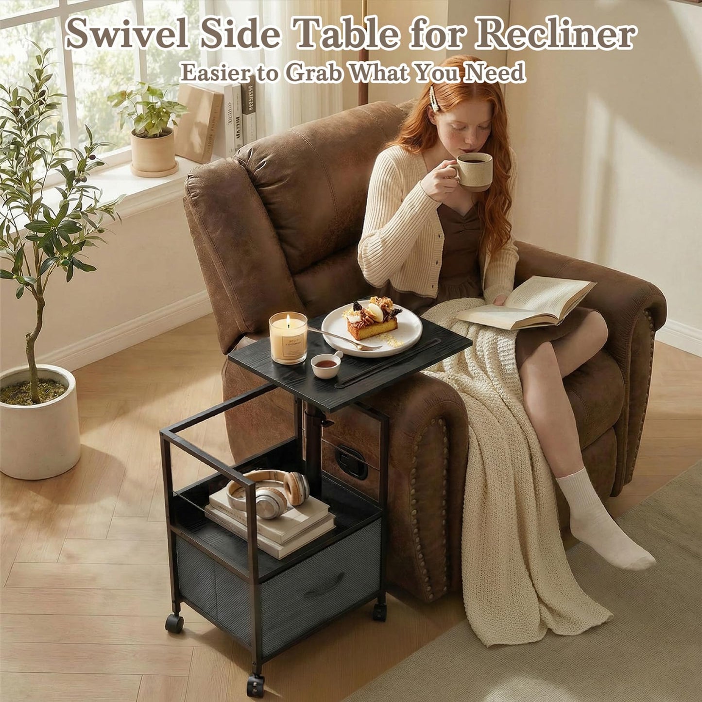 Faesun Swivel Lift Top Nightstand with Charging Station, Rolling Side Table for Recliner, Bedside Table with Wheels & a Fabric Drawer, for Small Spaces, for Bedroom, Living Room, Black Gray