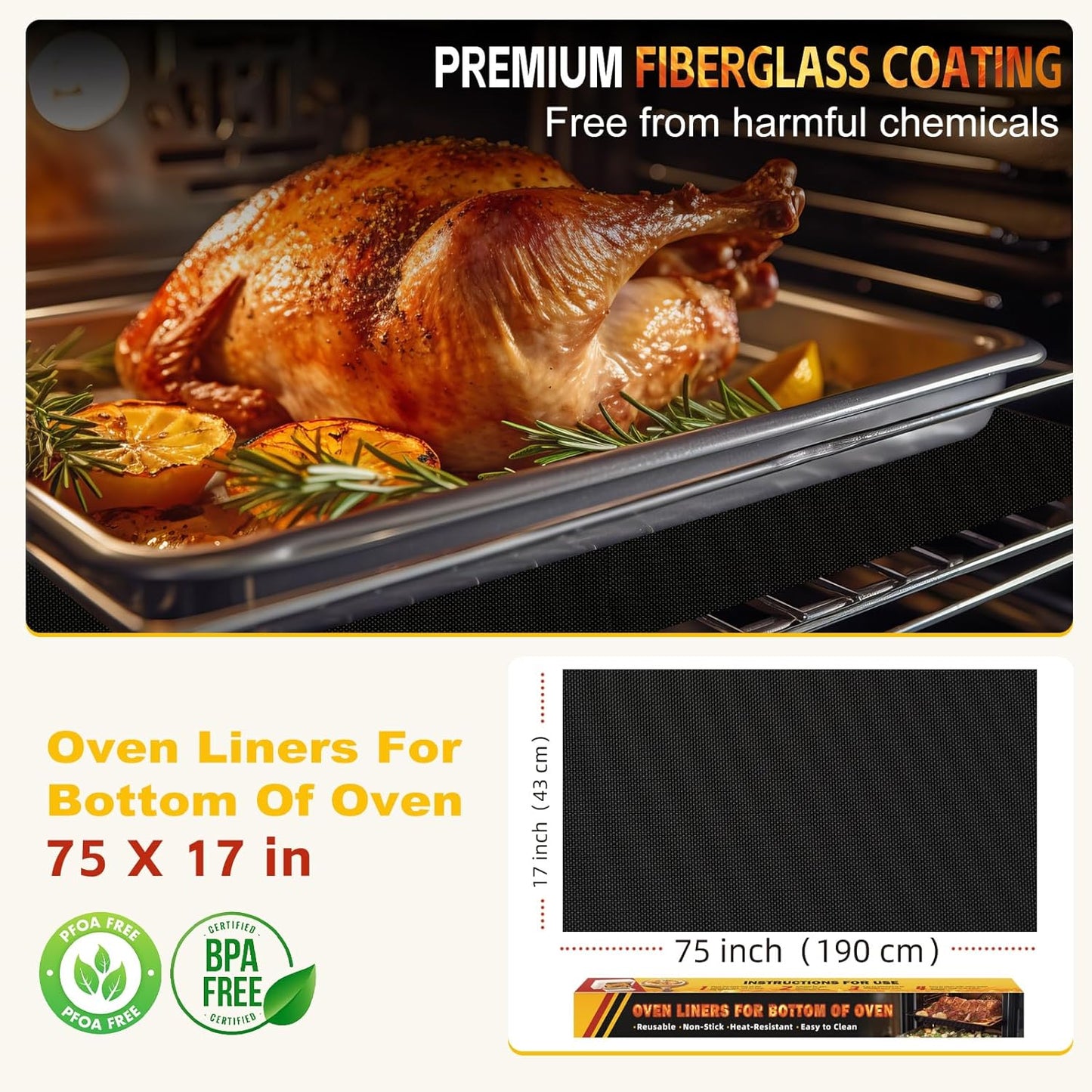 Large Oven Liners by Skiennix - Heavy Duty Non-Stick Mat | Reusable & Heat Resistant, 17"x75", BPA/PFOA Free (Black)