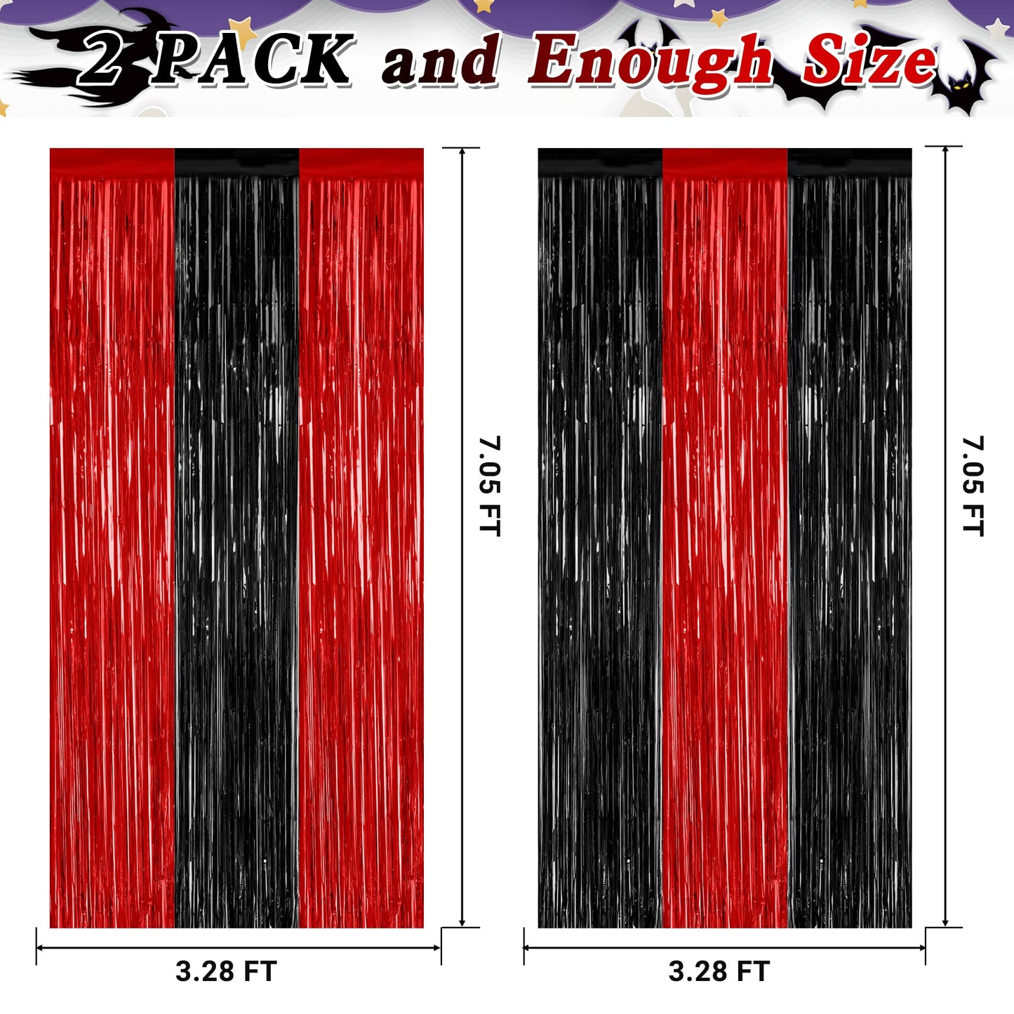 2 Pack Backdrop Curtains, 3.28 FT x 7.05 FT Black and Red Party Decor, Metallic Party Streamer Tinsel Foil Fringe Curtains, Foil Curtains Backdrop Halloween Decorations Party Supplies