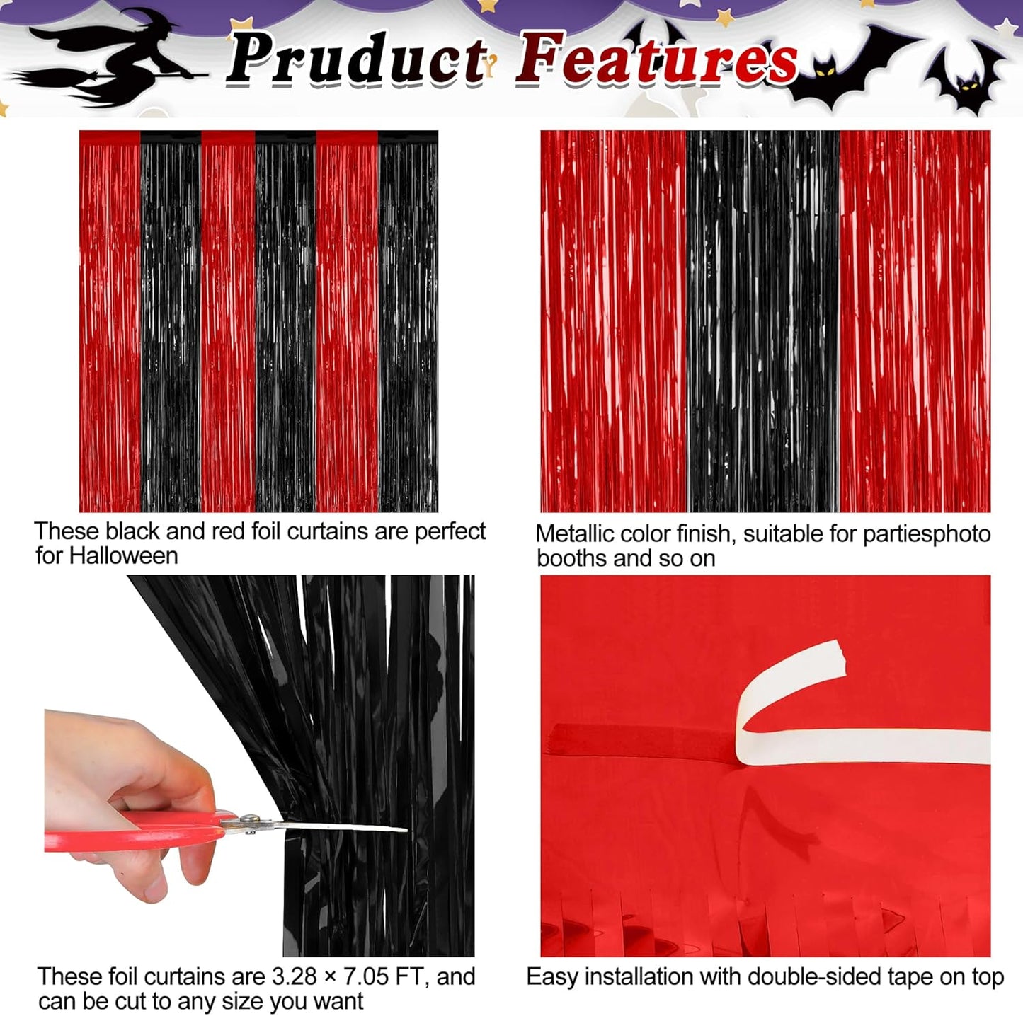 Regine Switzerland 4 Pack Halloween Wall Backdrop - Red & Black Metallic Tinsel Curtains | 3.28 FT x 7.05 FT