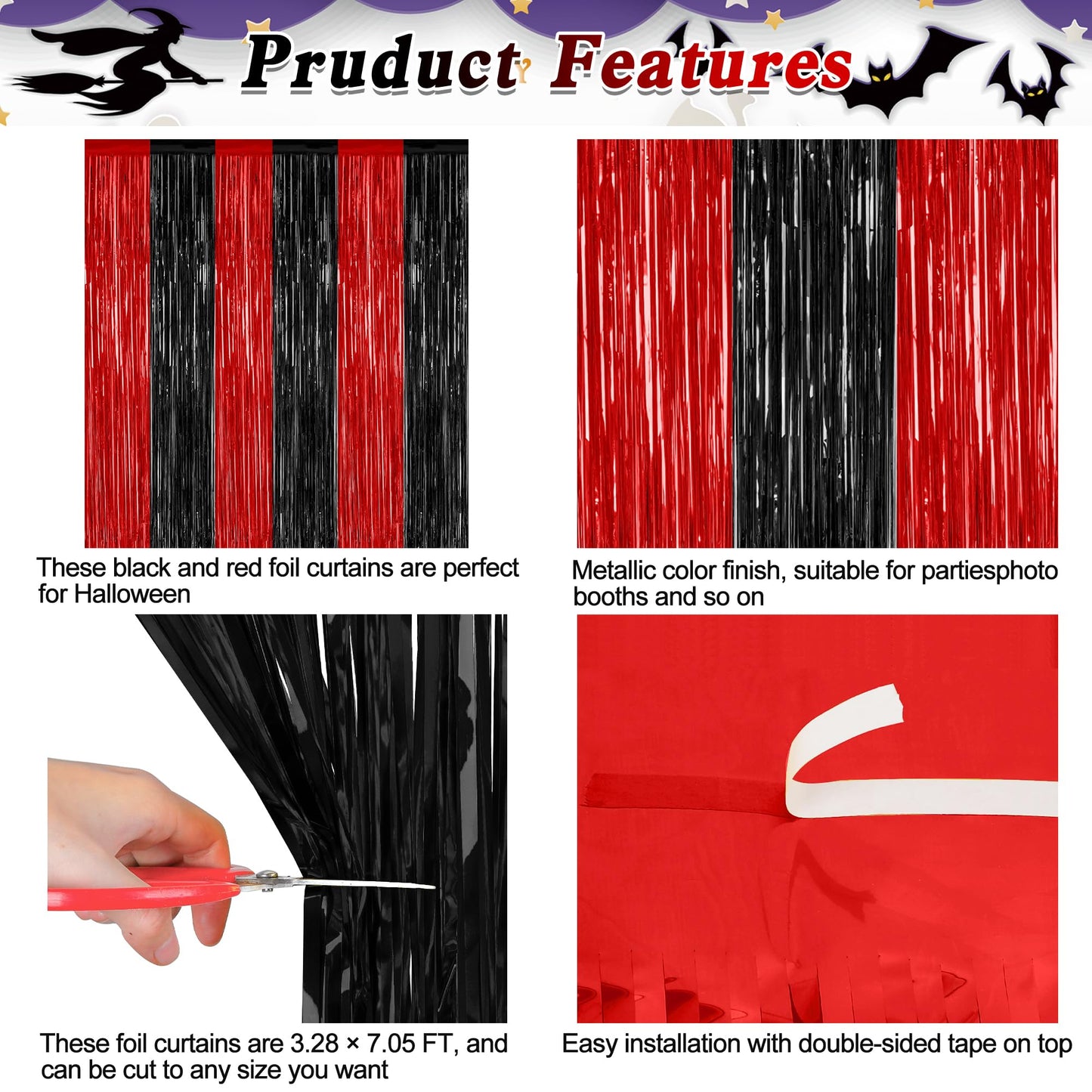 2 Pack Backdrop Curtains, 3.28 FT x 7.05 FT Black and Red Party Decor, Metallic Party Streamer Tinsel Foil Fringe Curtains, Foil Curtains Backdrop Halloween Decorations Party Supplies