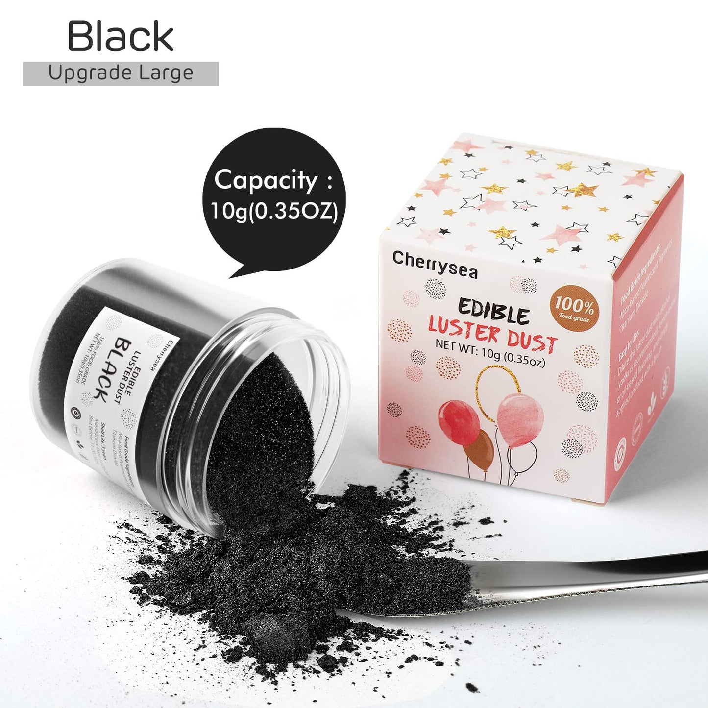 Black Edible Luster Dust 10 Grams, Food Grade Cake Luster Dust Tasteless Dessert Dusting Powders for Baking Cherrysea Food Coloring Powder for Cupcakes, Cake Pops,Fondant,Chocolate, Candy