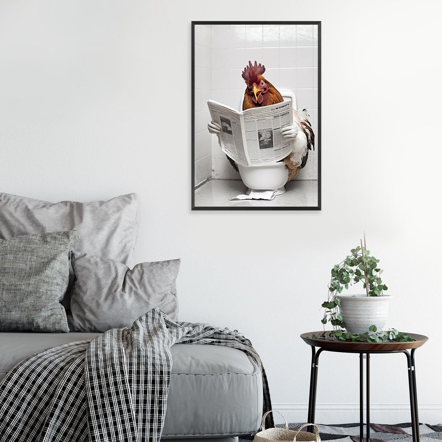 KOEUIRW Funny Chicken Bathroom Canvas Wall Art Cute Chicken In Toilet Posters Black and White Animal Prints Painting Maximalist Mid Century Modern Aesthetic Wall Decor for 16x24in Framed