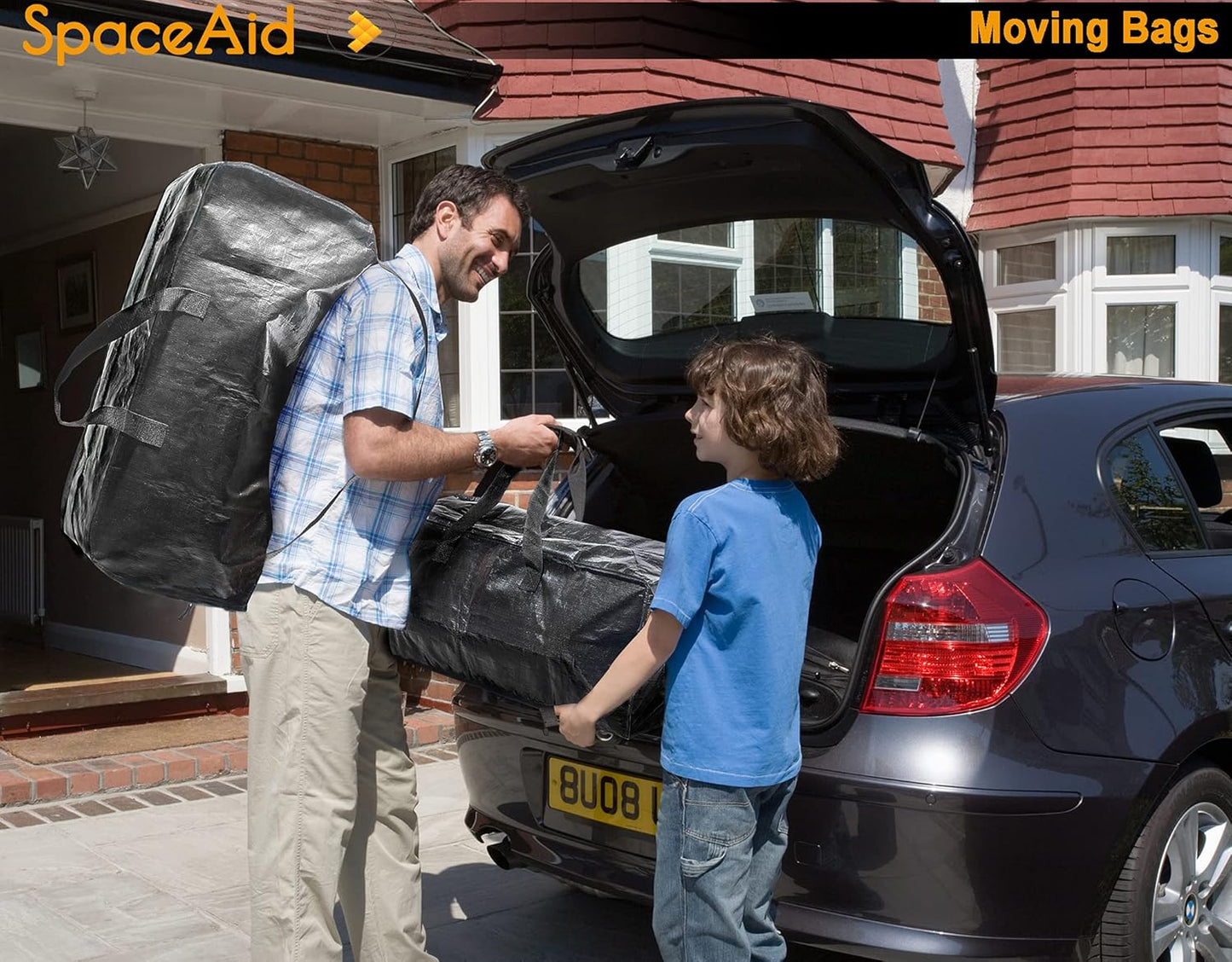 SpaceAid Heavy Duty Moving Bags - 8 Pack Large Storage Totes with Backpack Straps & Strong Handles - Black