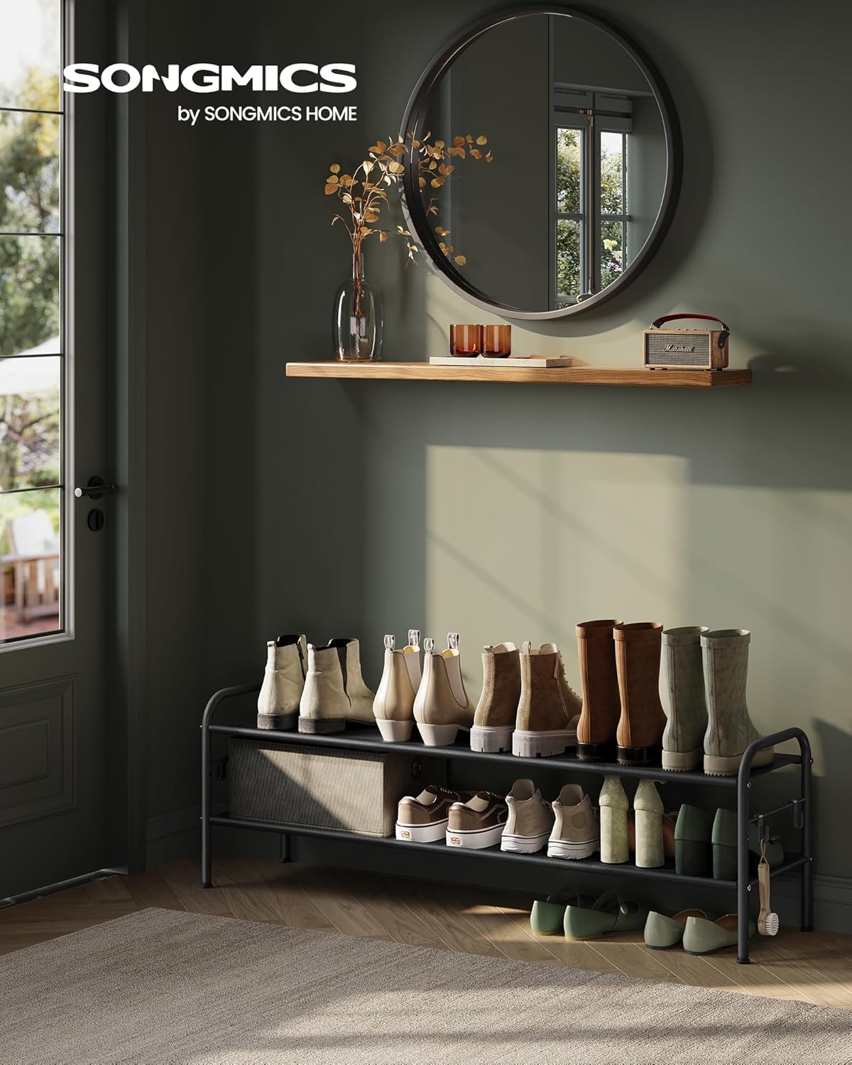 SONGMICS Shoe Rack - 2-Tier Fabric Organizer with 4 Hooks | Holds 12 Pairs - Height Adjustable, Ink Black