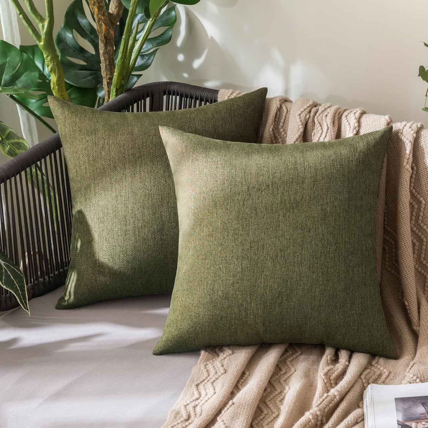 MIULEE Decorative Outdoor Throw Pillow Covers - Waterproof Faux Linen Cushion Cases | 16x16 Inch Olive Green (Pack of 2)