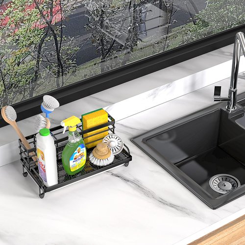 Cisily Kitchen Sink Caddy Organizer, Rustproof Non-Slip Soap Dish Dispenser Brush,Sponge Holder Storage,Home Essentials Accessories（Matte Black）