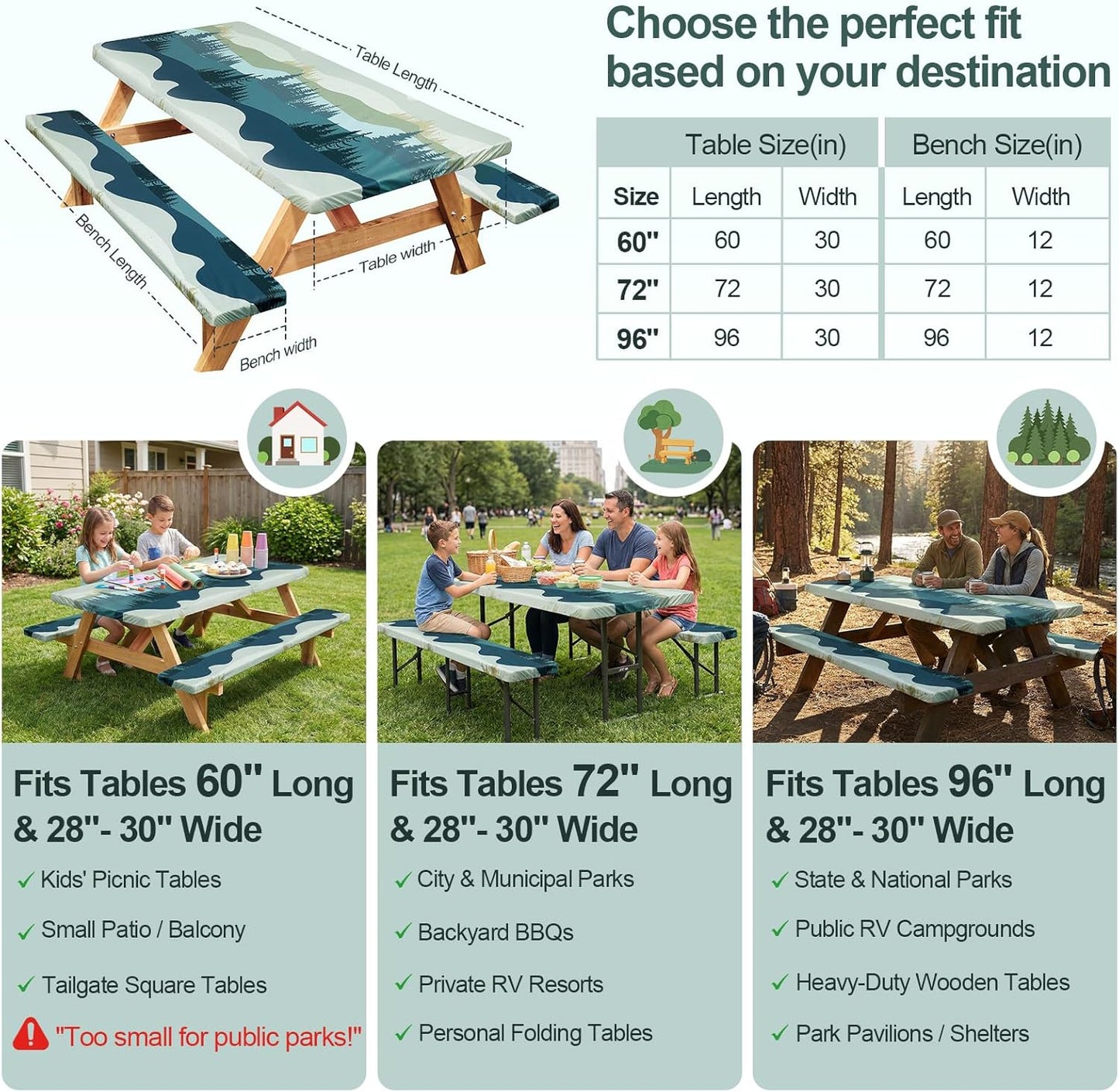 Picnic Table Cover - Waterproof & Windproof with Bench Covers | Fitted Rectangle 72in, Green Blue