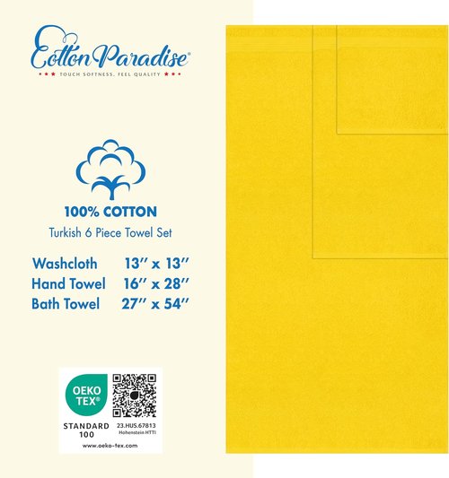 Cotton Paradise 6-Piece Towel Set - 100% Soft Absorbent Turkish Bath Towels | Yellow Color