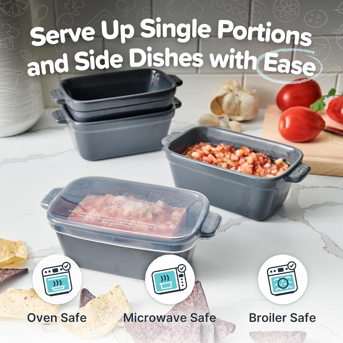 Souper Cubes Stoneware - Small 5" x 3" Ceramic Baking Dish Set with Silicone Covers | Perfect for Reheating Single Servings - Charcoal