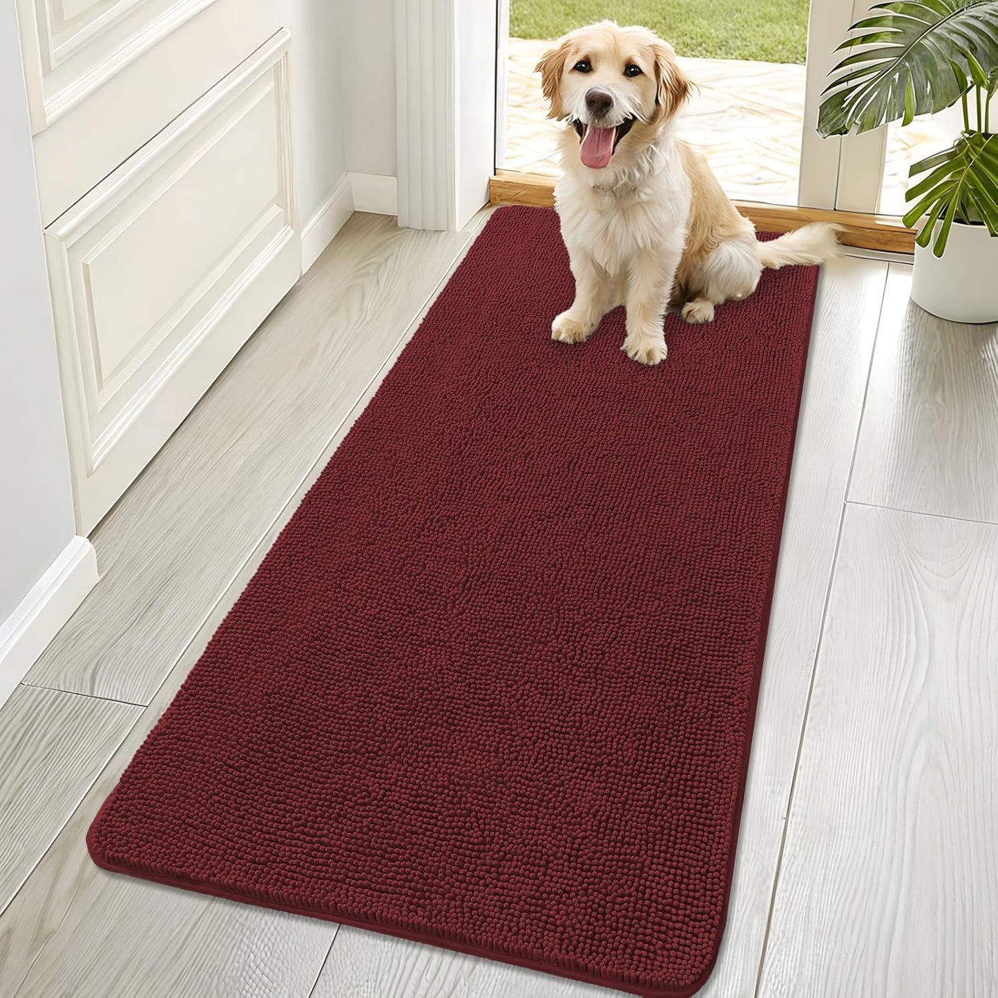 OLANLY Dog Door Mat - Absorbent Non-Slip Washable Doormat for Muddy Paws | 70x32, Quick Dry Chenille, Caramel Russet