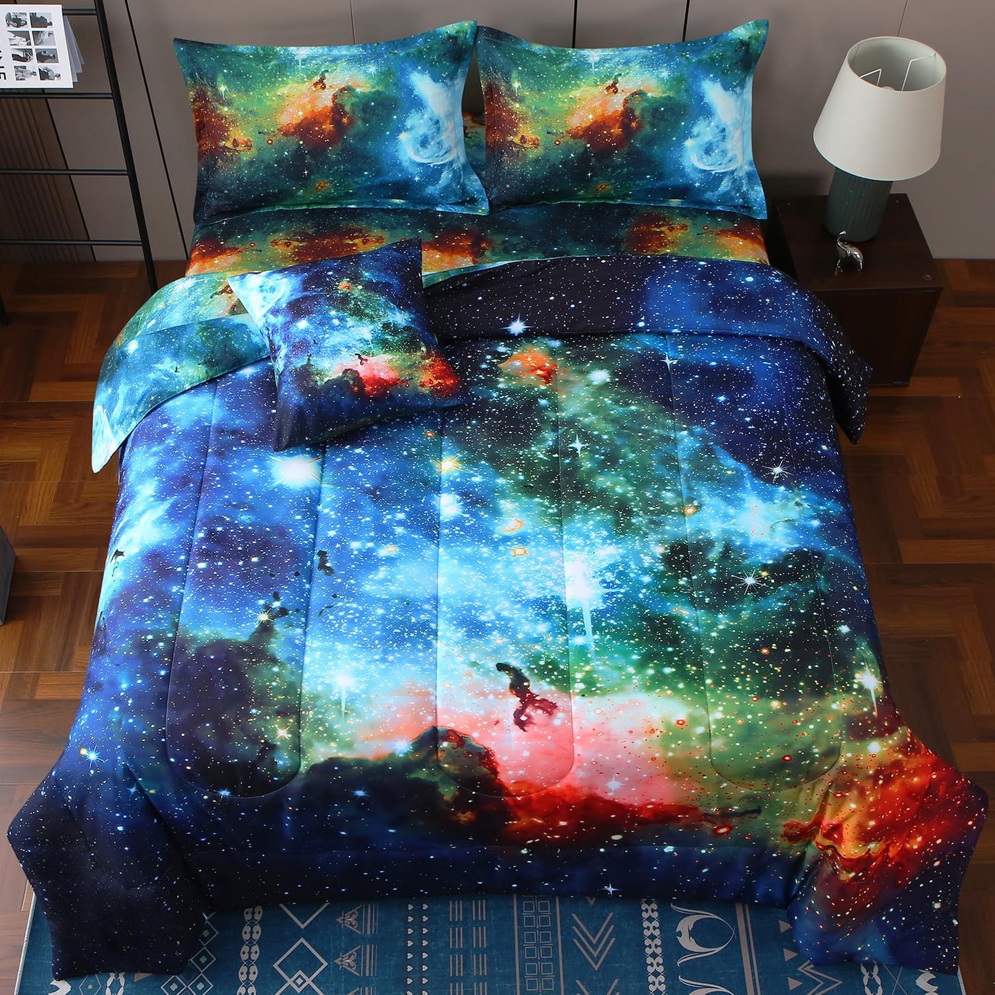 JQinHome Twin Galaxy Comforter Sets 6 Piece Bed in A Bag, Outer Space Themed Bedding for Children Boy Girl Teen Kids,1 Comforter, 1 Flat Sheet, 1 Fitted Sheet, 2 Pillowshams, 1 Cushion Cover(Blue)