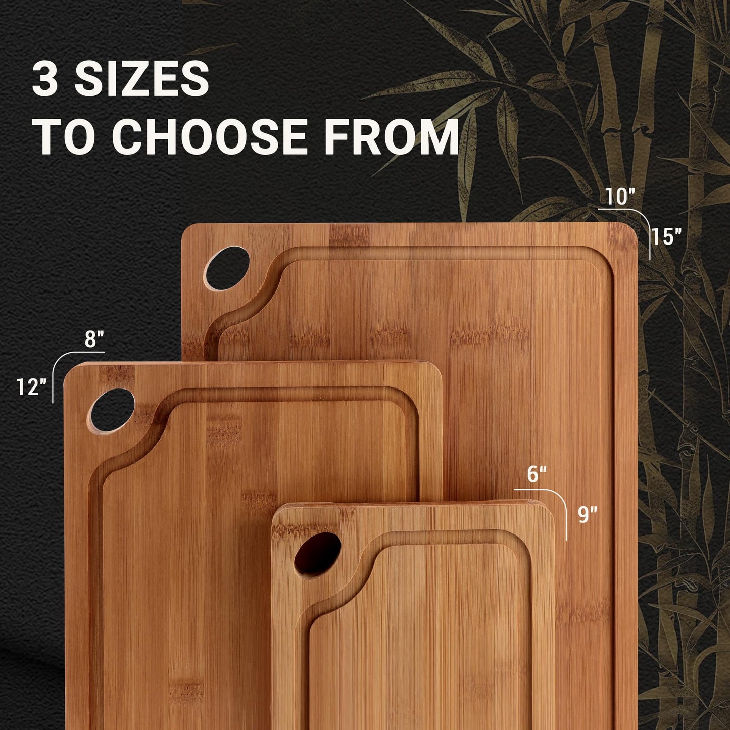 Lacusmall Bamboo Cutting Board for Kitchen, 3Pcs Thickened Wooden Cutting Board Set with Deep Juice Groove, Built-in Handles Durable Chopping Boards for Separating Meat, Vegetables, Fruits, Ideal Gift