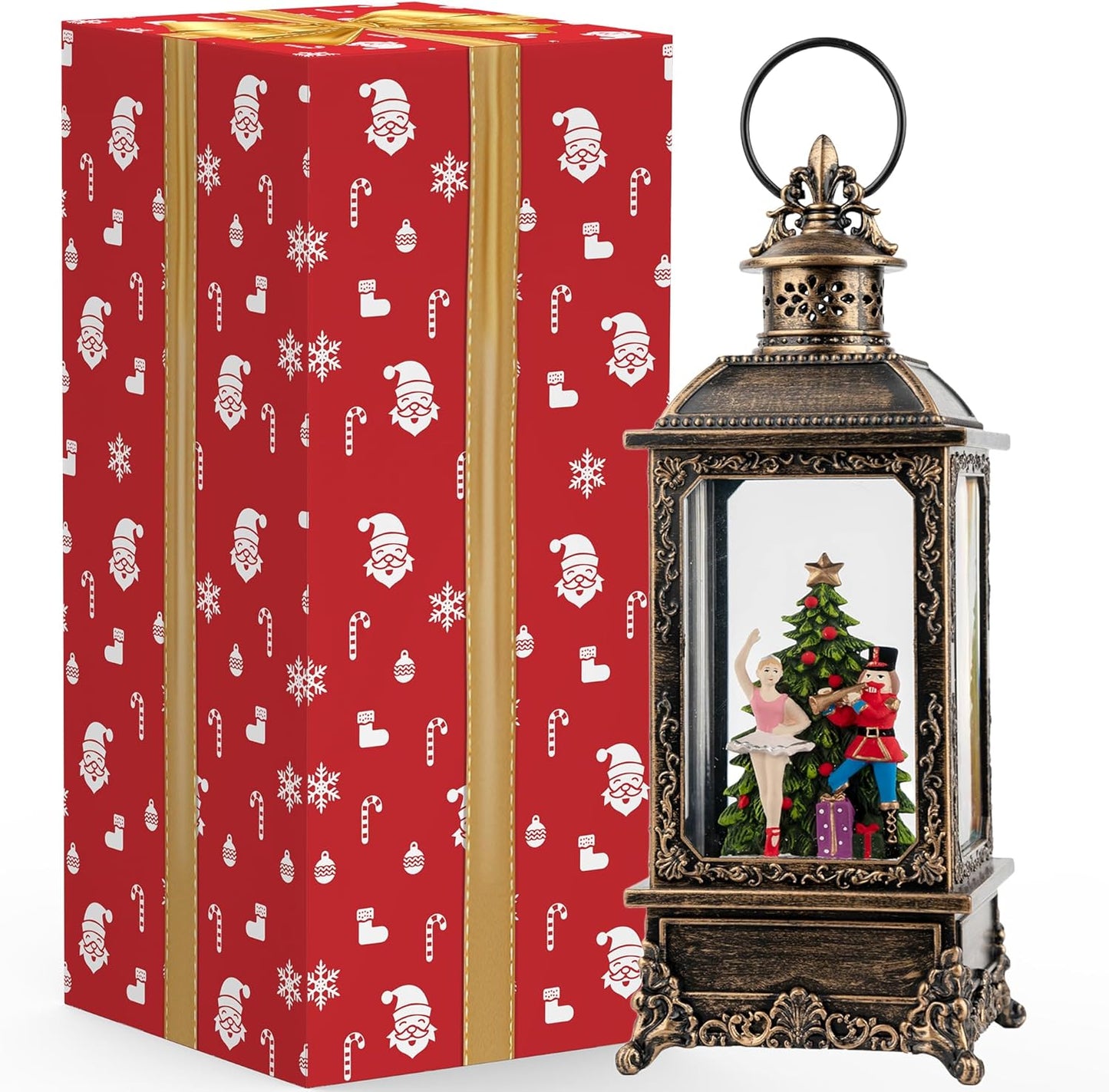 VISFLAIR Christmas Snow Globe Lantern - Musical Nutcracker & Ballerina with Glittering Lights | Battery or USB Powered