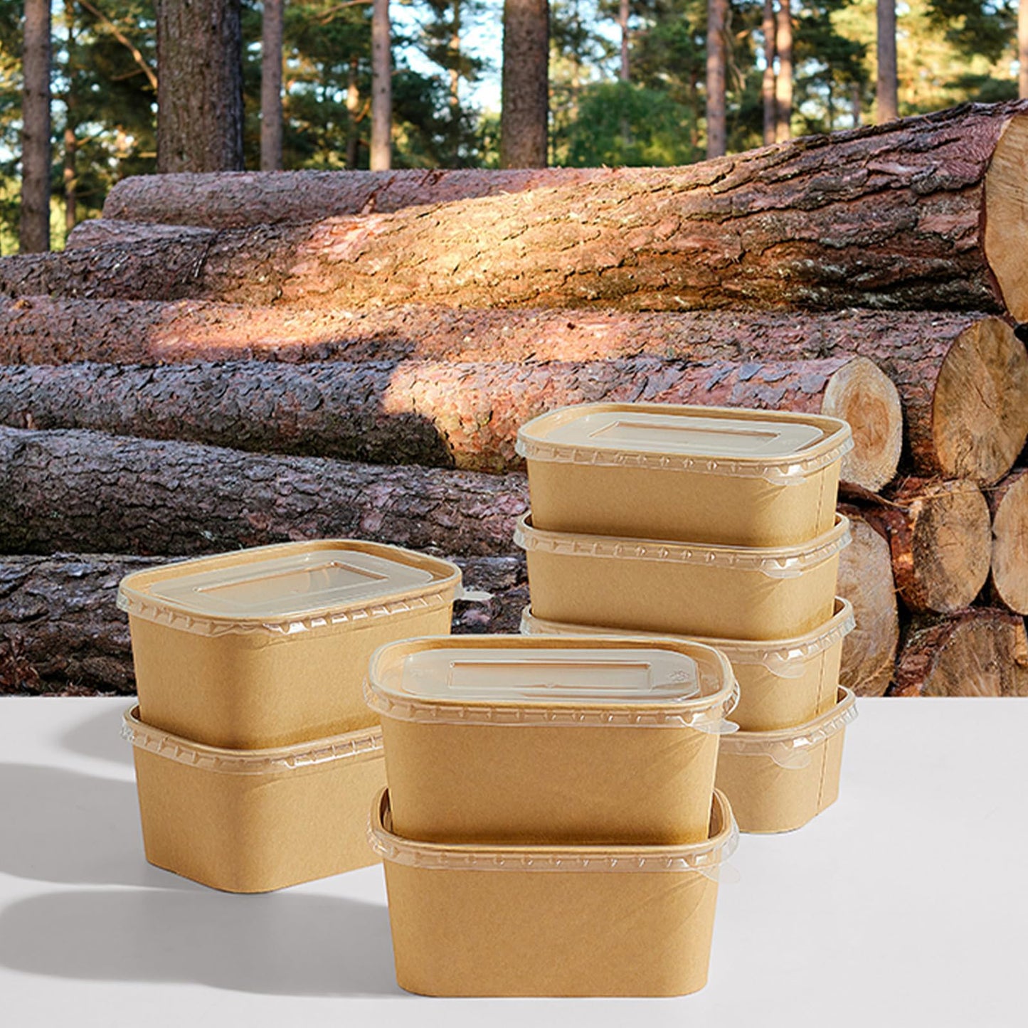 DI QIU REN 50-Pack 25oz Paper Bowls, Disposable Food Containers with Lids and Forks, Cardboard Meal Prep Containers for Diet Salad, Pasta (kraft Paper Rectangular, 25oz 50 Count)