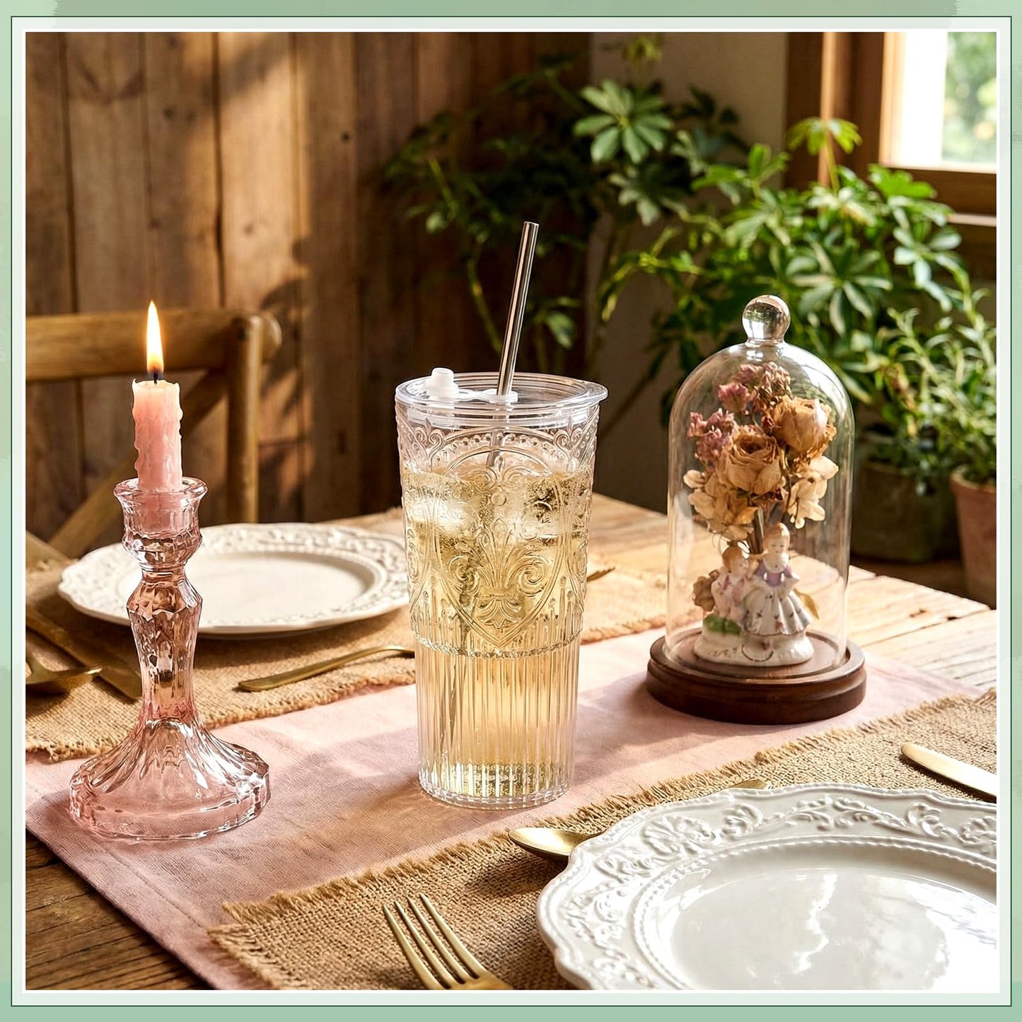 Acellegic 8 Set 20oz Vintage Plastic Tumbler with Lids and Straws Ribbed Floral Drinking Glasses Reusable Iced Coffee Cups for Water Juice Smoothie Cocktail Travel Party Events Gift (Clear)
