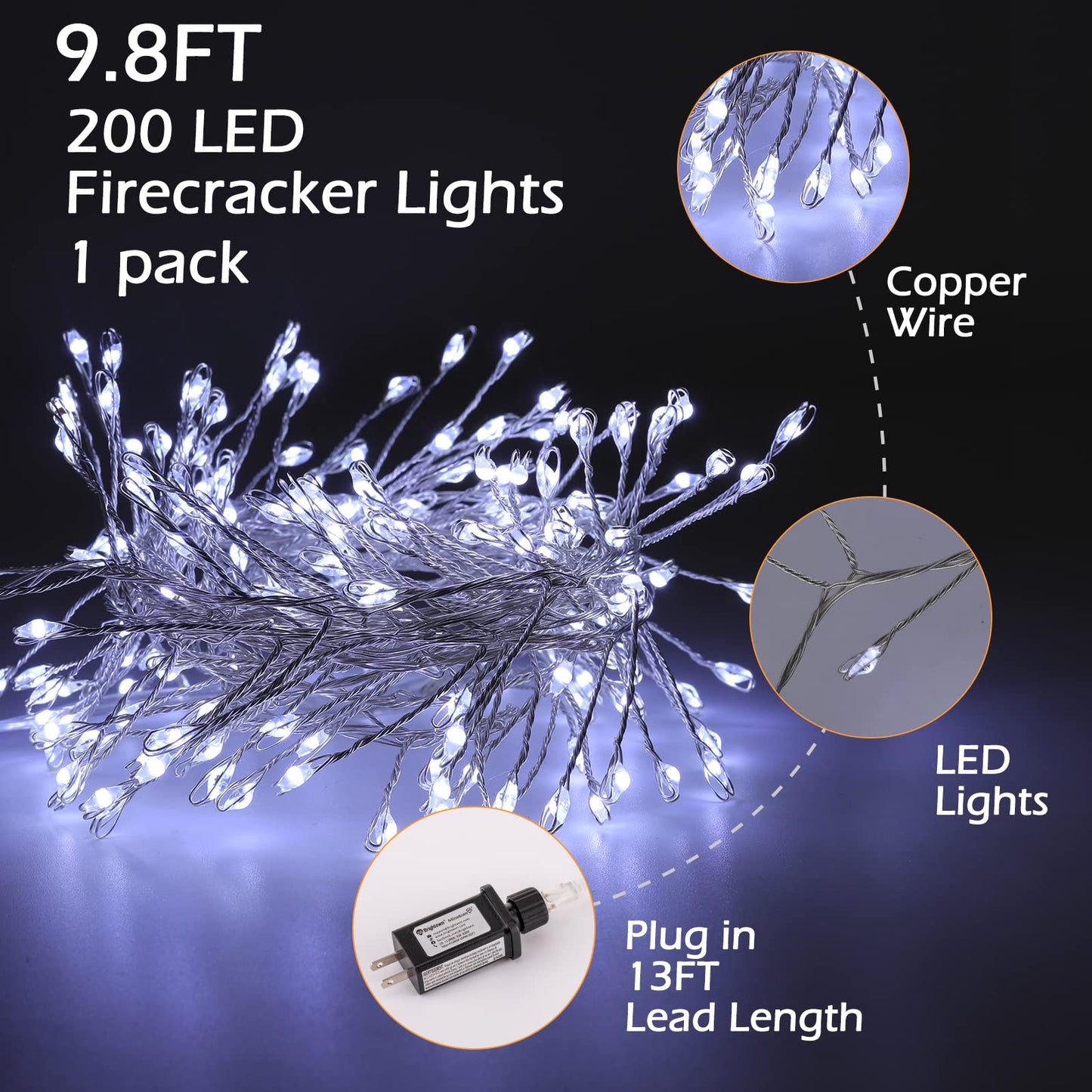 Minetom Fairy Lights Plug in, 10Feet 200LED Cluster String Lights, Silver Wire Waterproof Starry Firecracker Lights for Ceiling Bedroom Wreath Window Wedding Christmas Tree Decorations, Pure White