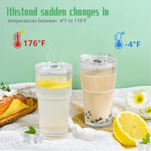 Icesip 20 oz 4 Pcs Glass Cups with Lids and Straws Ribbed Iced Coffee Glasses Tumbler Vintage Drinking Glasses Set of 4 for Tea Juice Soda Smoothie(Ribbed A*4 with Lid)