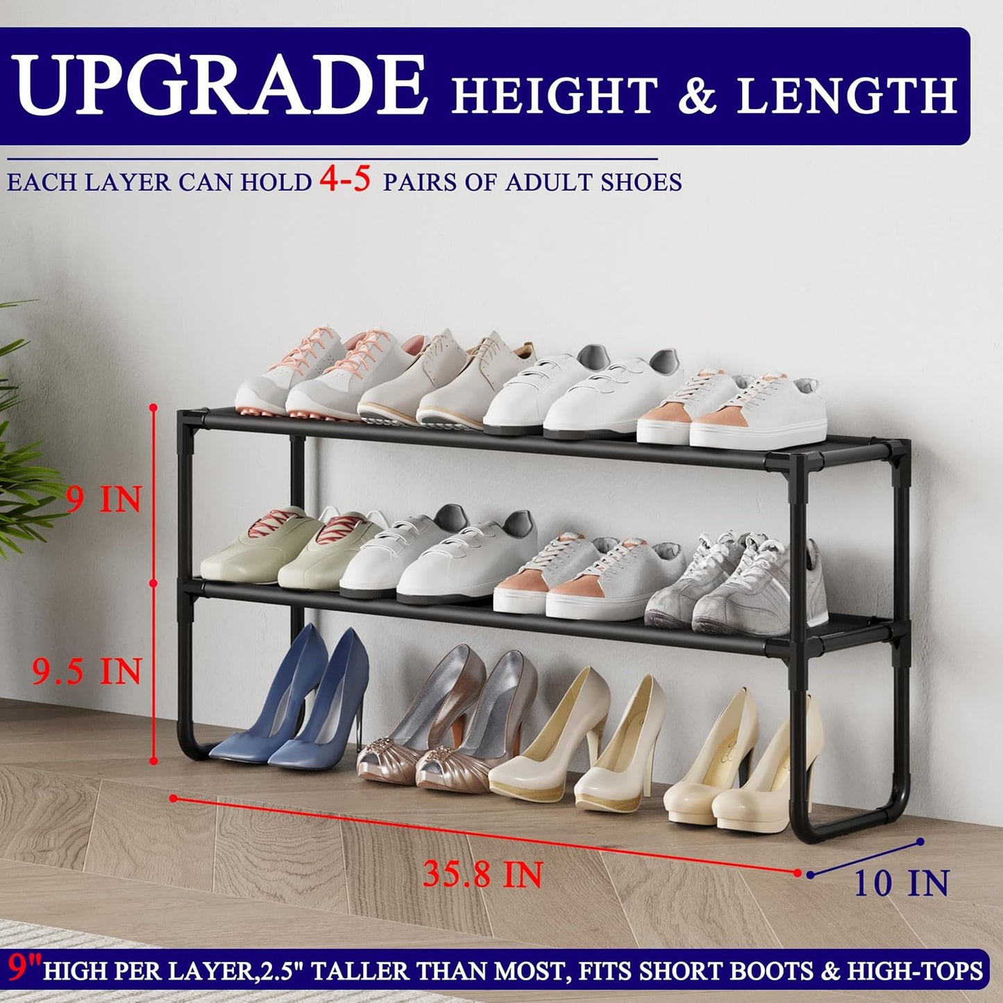 Skiennix 2-Tier Shoe Rack - Stackable Organizer for Closet & Entryway | Holds 12-15 Pairs, Black (35.8" Wide)