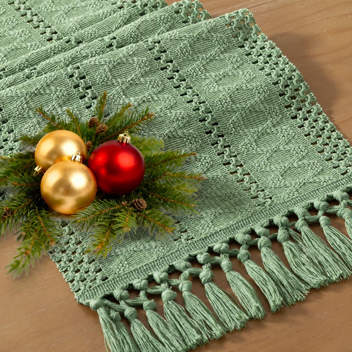 Socomi Sage Green Boho Table Runner Macrame Easter Spring Farmhouse Woven Cotton Linen Rustic Coffee Table Runner with Tassels for Dresser Scarf Home Decor Dining Room 12x90 inch