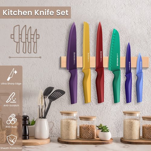 Astercook Knife Set, 12 Pcs Color-Coded Kitchen Knives Set, 6 Color Anti-Rust Coating Stainless Steel Chef Knife Sets with 6 Blade Guards Dishwasher Safe