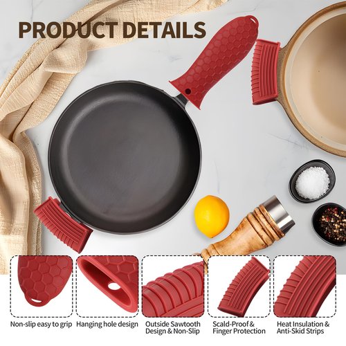 Cast Iron Skillet Handle Covers - 3 Pack Assist Pan Handle Sleeve Pot Holders, Heat Resistant Pot Handle Covers, Non-Slip Silicone Cast Iron Handle Grip for Cast Iron Skillet Metal Pan (Red)