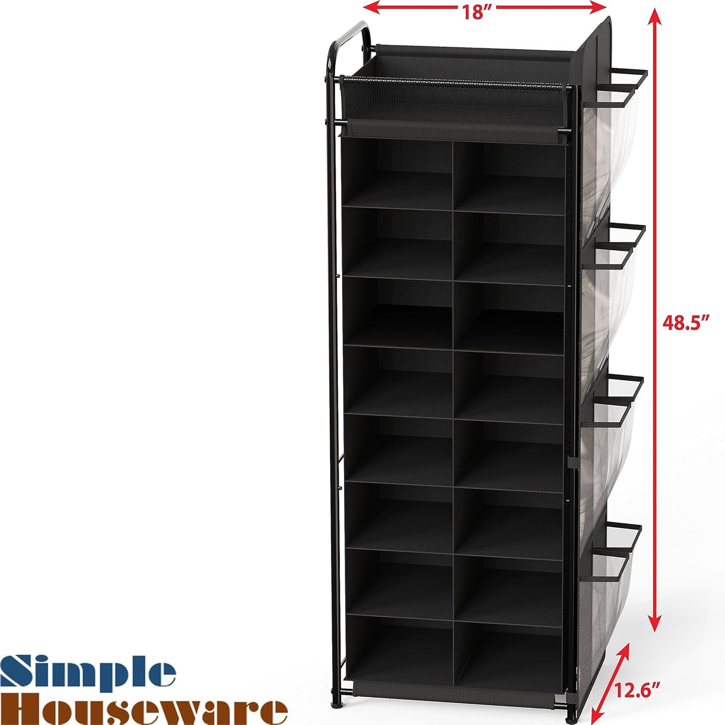 Simple Houseware 16-Cube Shoe Stand Tower Rack - 8-Tier Design with Top Shelf & Side Pockets | Black