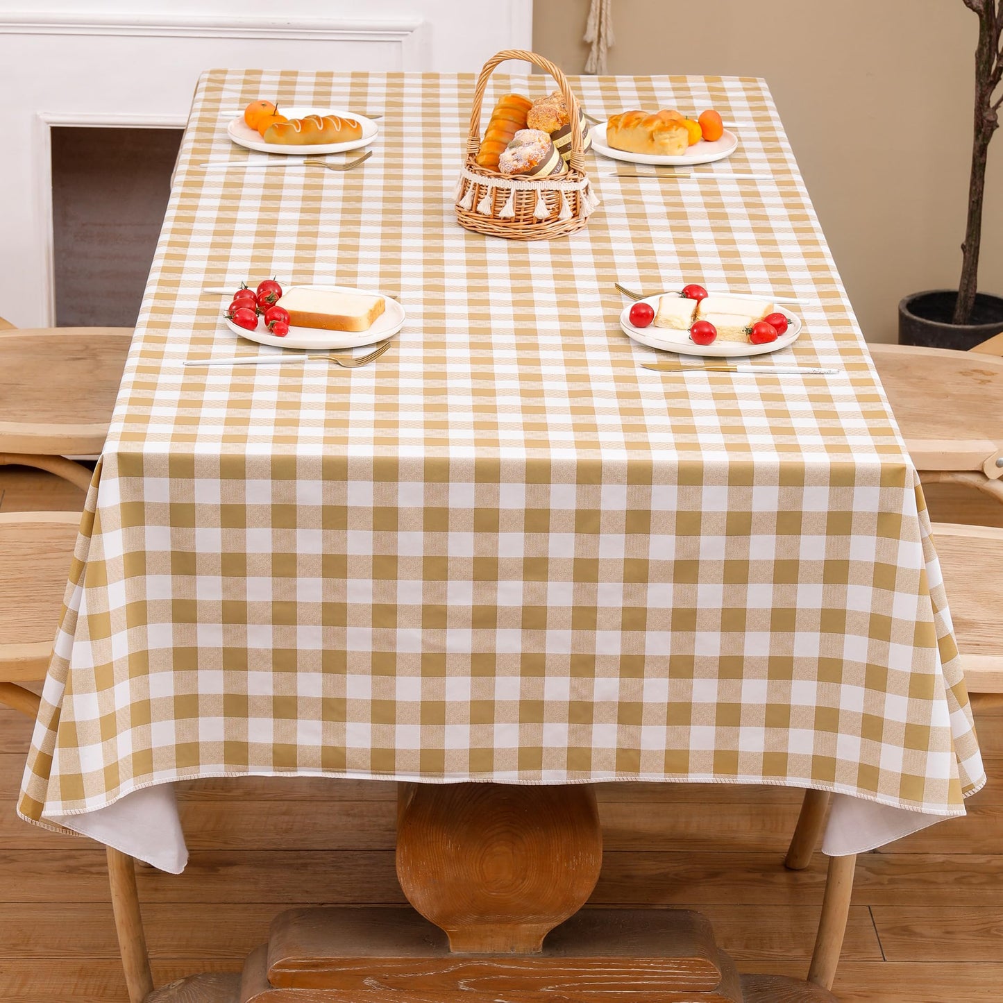 Heavy Duty Vinyl Tablecloth with Flannel Backing Waterproof Oil-Proof Plastic Table Cloth Stain-Resistant Wipeable Rectangle or Square Table Cover for Indoor and Outdoor (Khaki Checkered, 52x70 Inch)