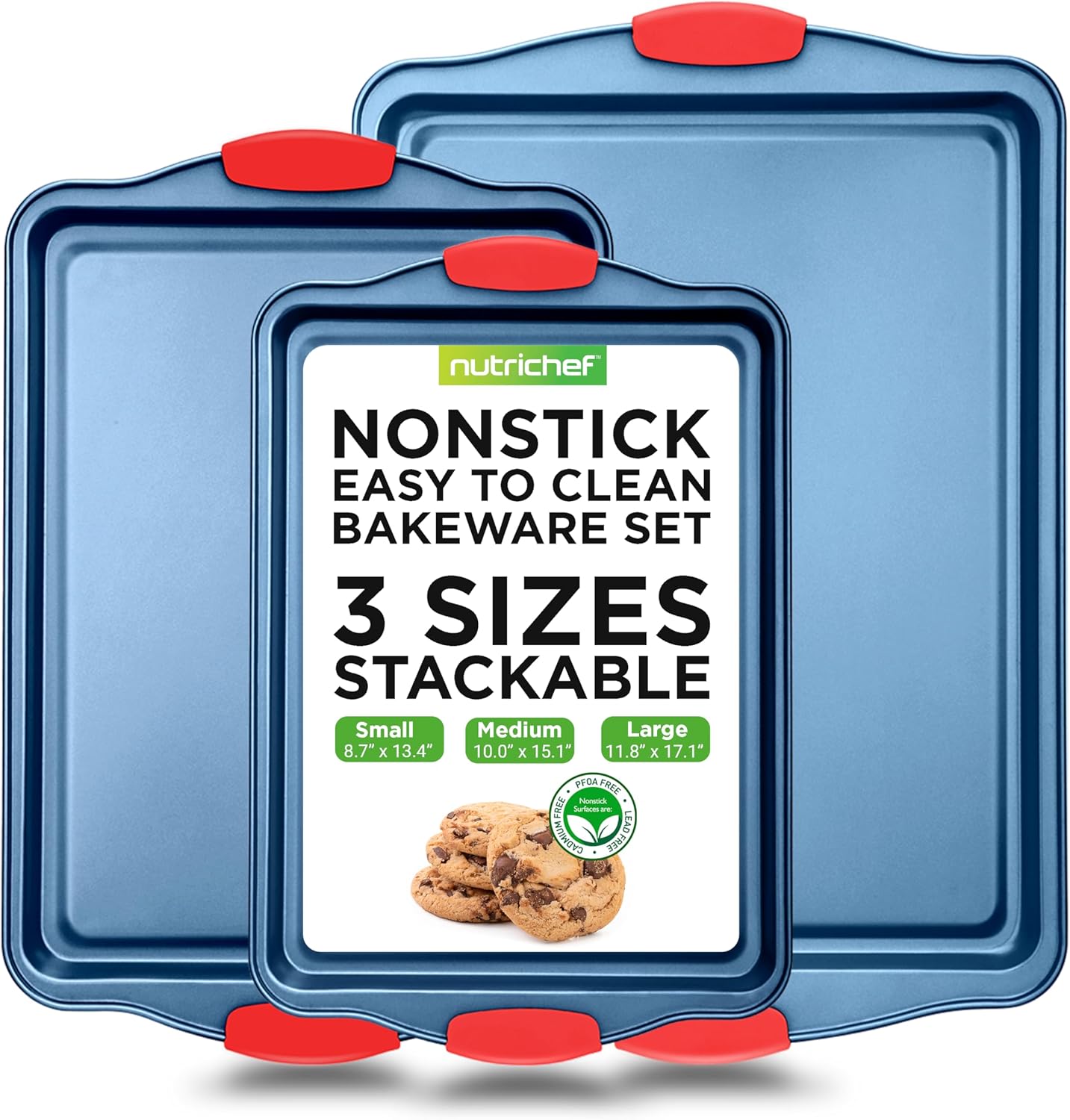 NutriChef Nonstick Cookie Sheets - Premium Carbon Steel Baking Trays with Silicone Handles | Set of 3 - Blue