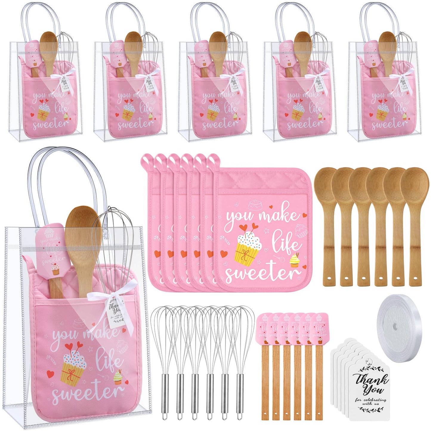 Teenyyou 6 Sets Baby Shower Prizes for Game Winners Potholder Silicone Spatula Bamboo Spoon Whisk Gift Bag Baking Set Gifts for Guests Games Prize Baby Shower Wedding Bridal Shower Favors