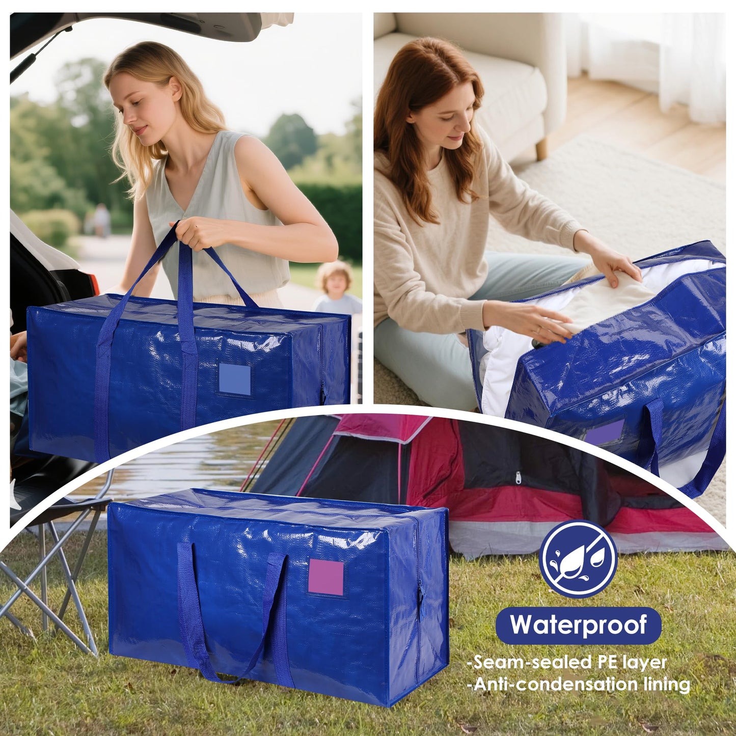 RMOHRO 12 Pack Moving Bags with Full-Open Side Zipper, Extra Large 93L Heavy Duty Waterproof Foldable Storage Totes for College Dorm, Moving & Home Organization Blue