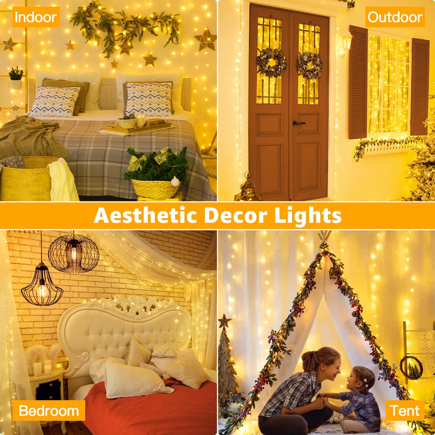 Ollny 120LED 40FT String Lights, Waterproof Connectable Fairy Lights with Timer 8 Modes, Warm White Plug in Indoor Light for Bedroom Classroom Outdoor Wedding Christmas Party Decorations