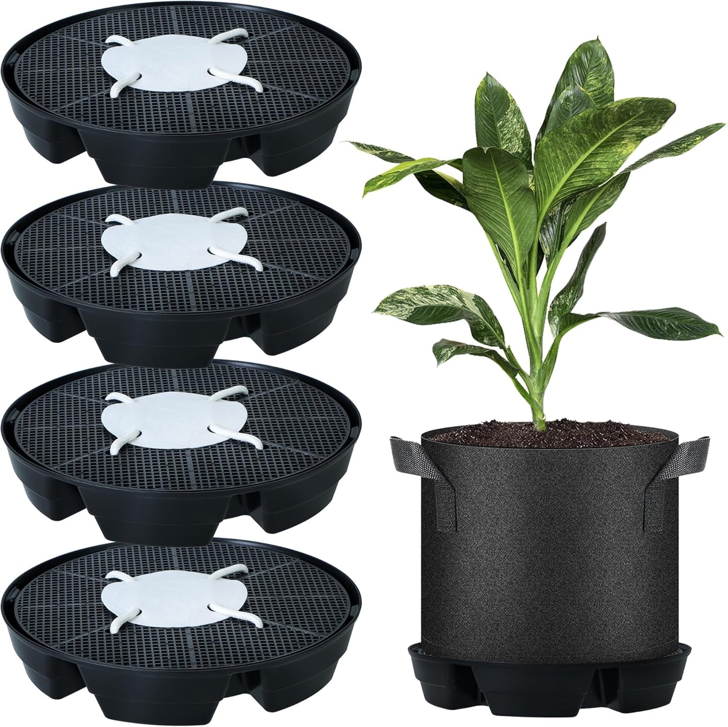 Skiennix Self-Watering Plant Saucer - Auto-Irrigation System for 5 Gallon Fabric Pots | 4 Pcs Set