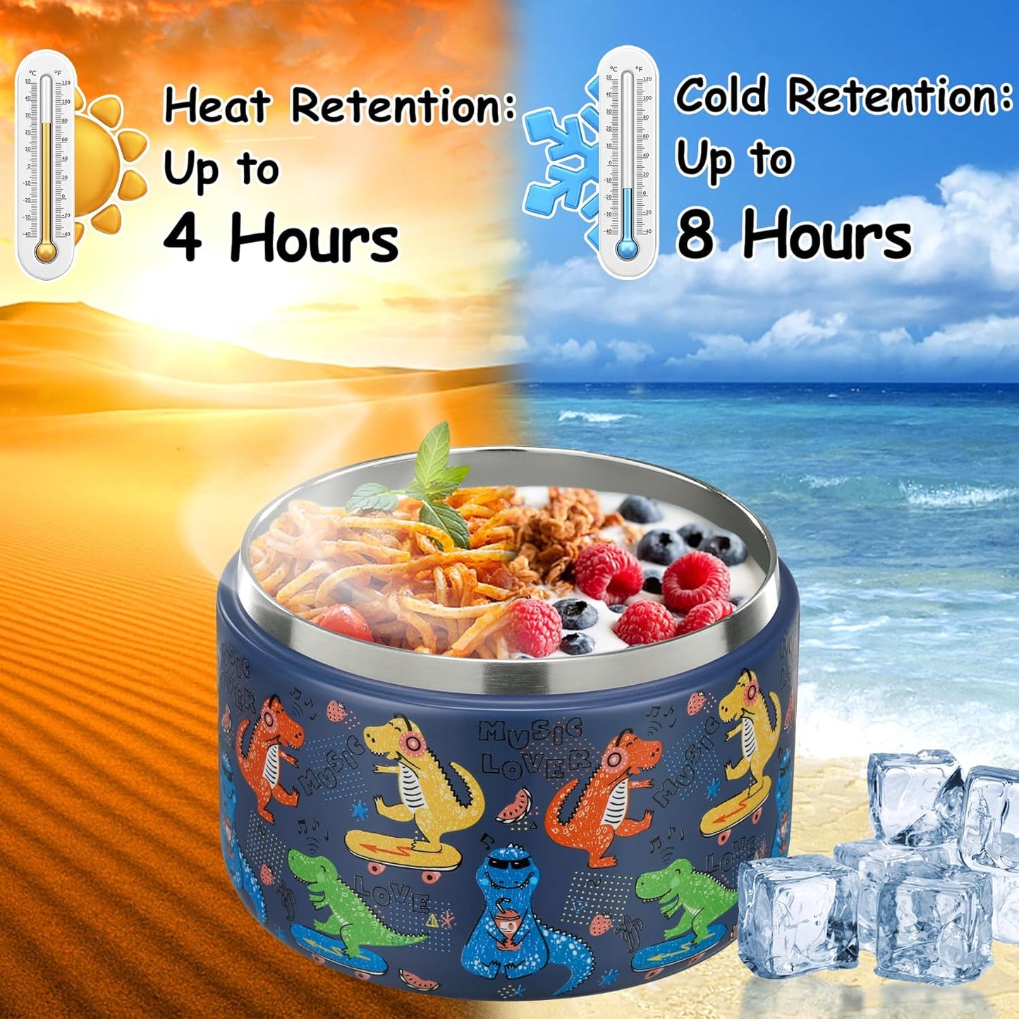 Pawtong Insulated Vacuum Food Jar - Leakproof Stainless Steel Lunch Container for Kids | 12oz Blue Dinosaur
