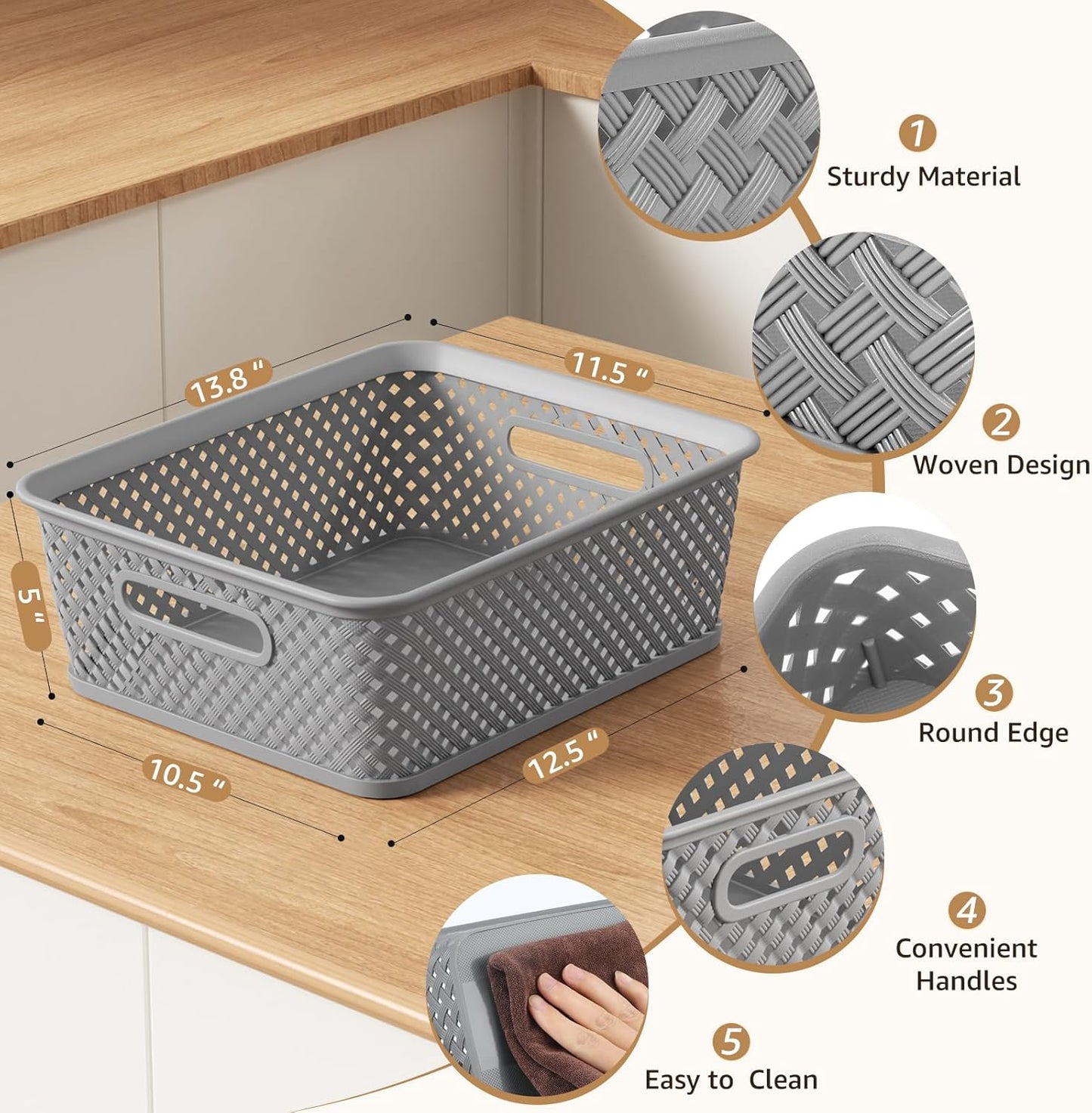 MaxGear Plastic Bins Organizer - 3 Pack Woven Storage Baskets with Handles | Large Grey Bins for Home & Office