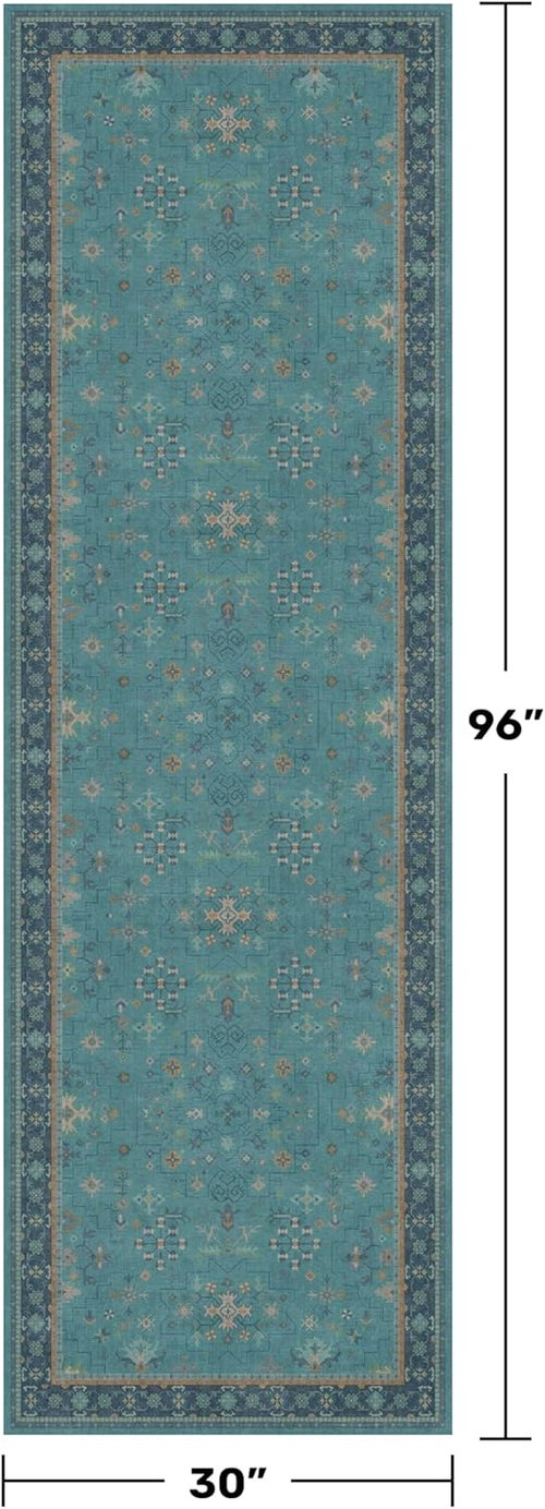 Boho 2'6” x 8' Teal Hallway Runner Rug - Washable, Non-Slip Vintage Floral Indoor Carpet