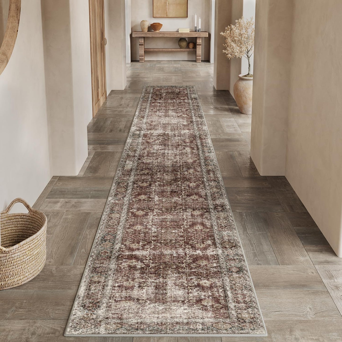 PureCozy Rust Red Runner Rug 3x10 Vintage Area Carpet Hallway Long Indoor Kitchen Washable Living Room Low Pile Traditional Distressed Retro Accent Throw Rug Non Slip Laundry Bathroom Office